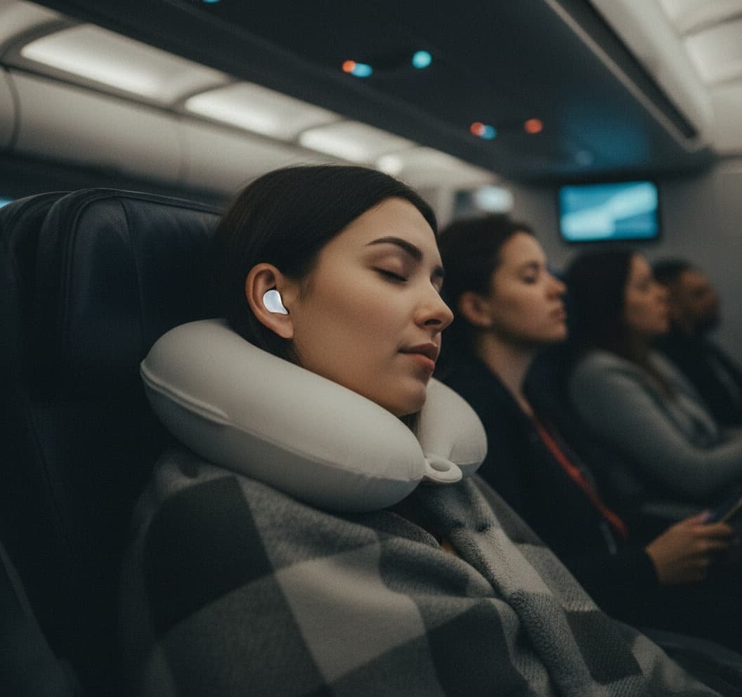 Traveler's sleep kit: eye mask, earplugs, pillow spray, and white noise machine on hotel bed