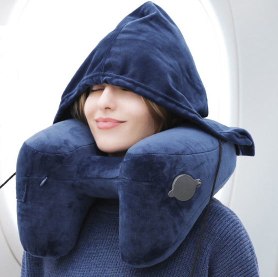 Travel Pillow – Inflatable U-Shaped Neck Support with Optional Hood, Adjustable Firmness, Foldable Design