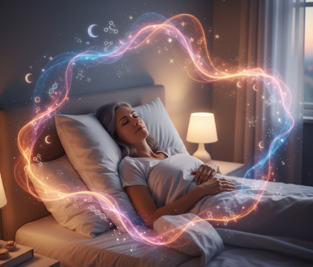 A woman sitting up in bed at night, visibly frustrated by menopause insomnia