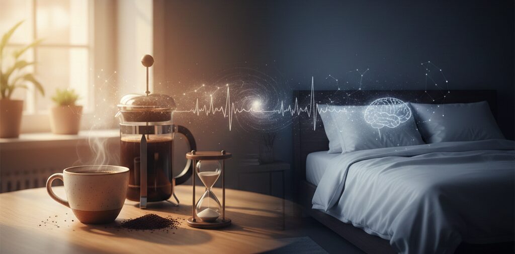 Person looking at clock showing 2 PM next to a coffee cup, illustrating the caffeine curfew concept
