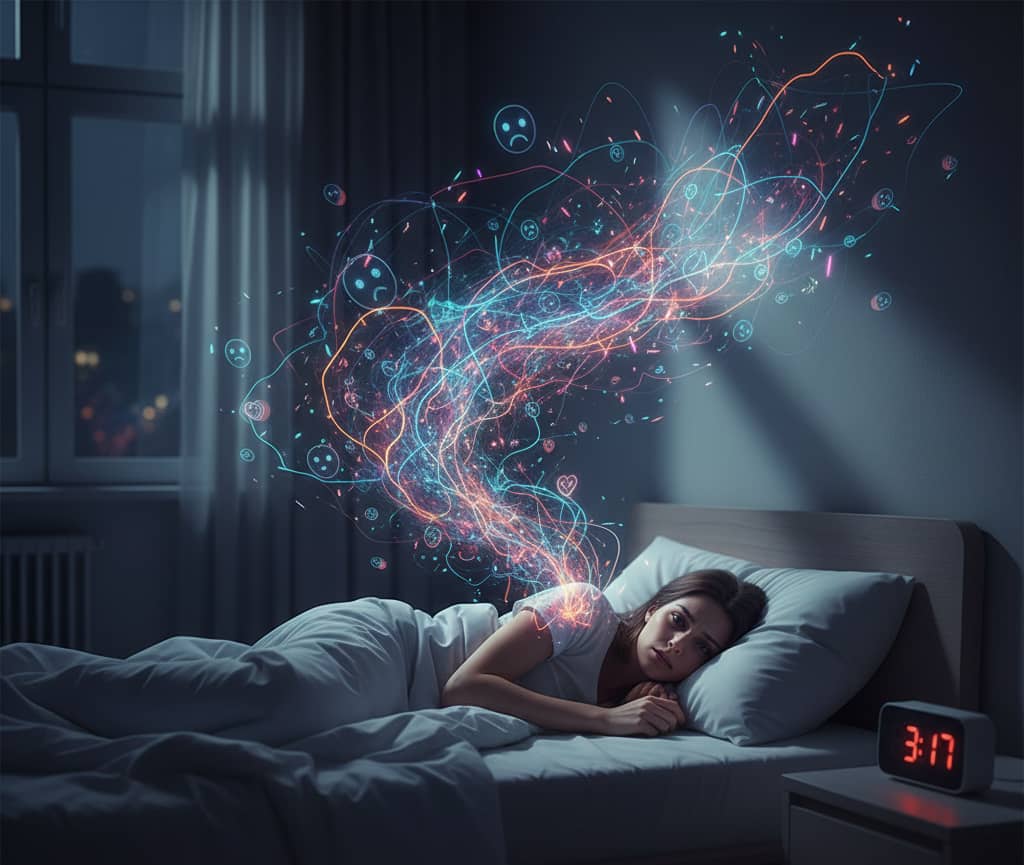 A person lying awake in bed, staring at the ceiling with a look of anxiety and frustration