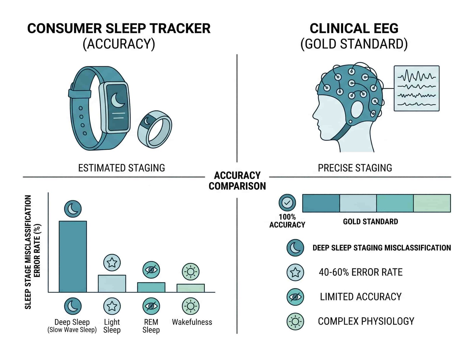 Orthosomnia: When Tracking Your Sleep Destroys It 2 Bar chart comparing consumer sleep tracker deep sleep accuracy vs clinical polysomnography (EEG), showing 60-70% accuracy with margin of error