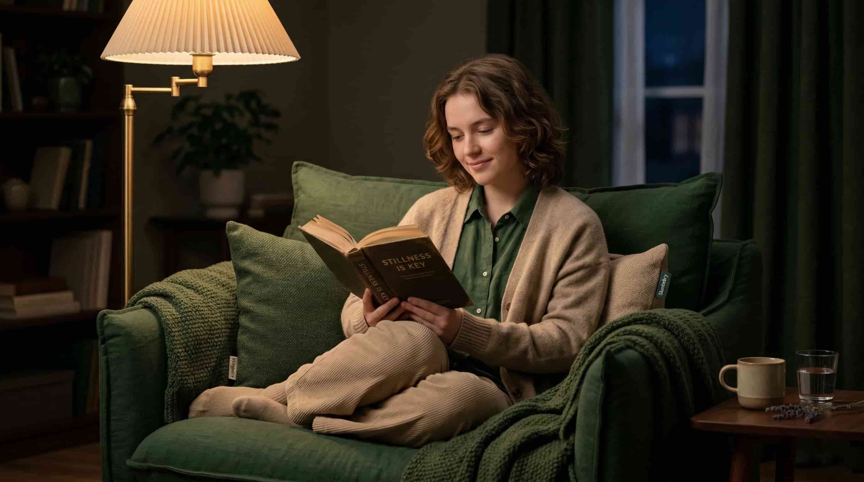 A person sitting in a comfortable chair in a dim room reading a book, away from their bed