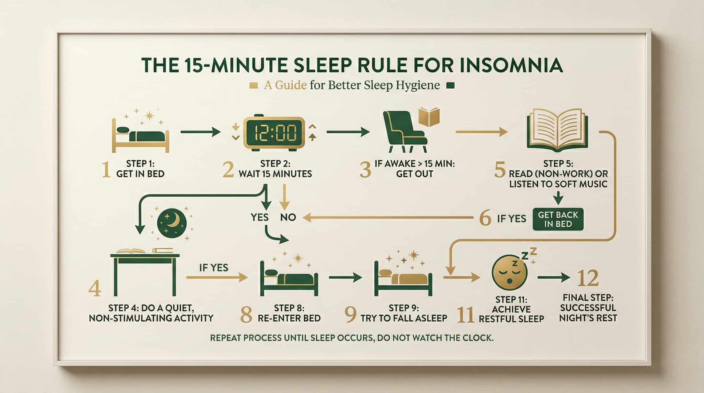 A flowchart illustrating the 15-minute stimulus control rule for insomnia