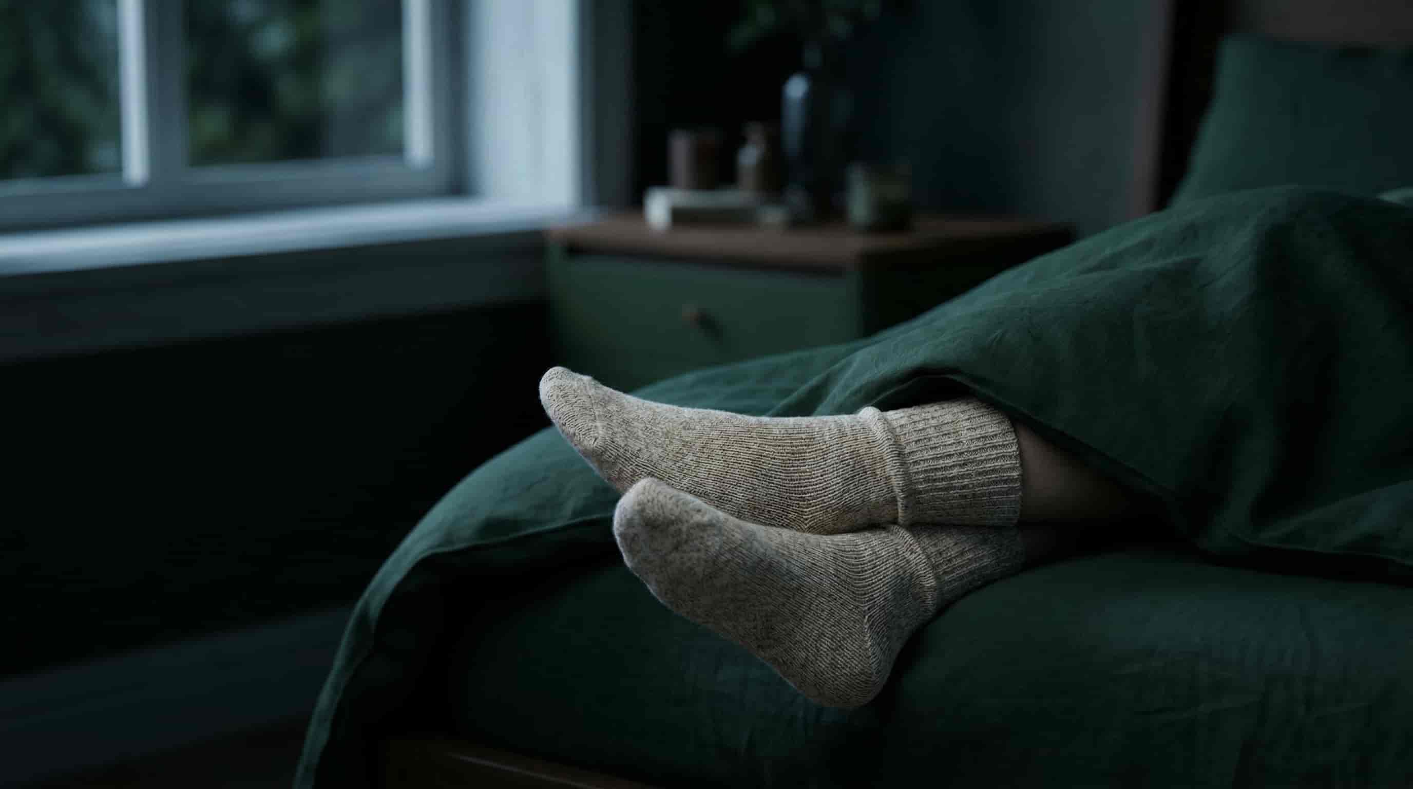 Person sleeping with warm socks on in a cool, dark bedroom