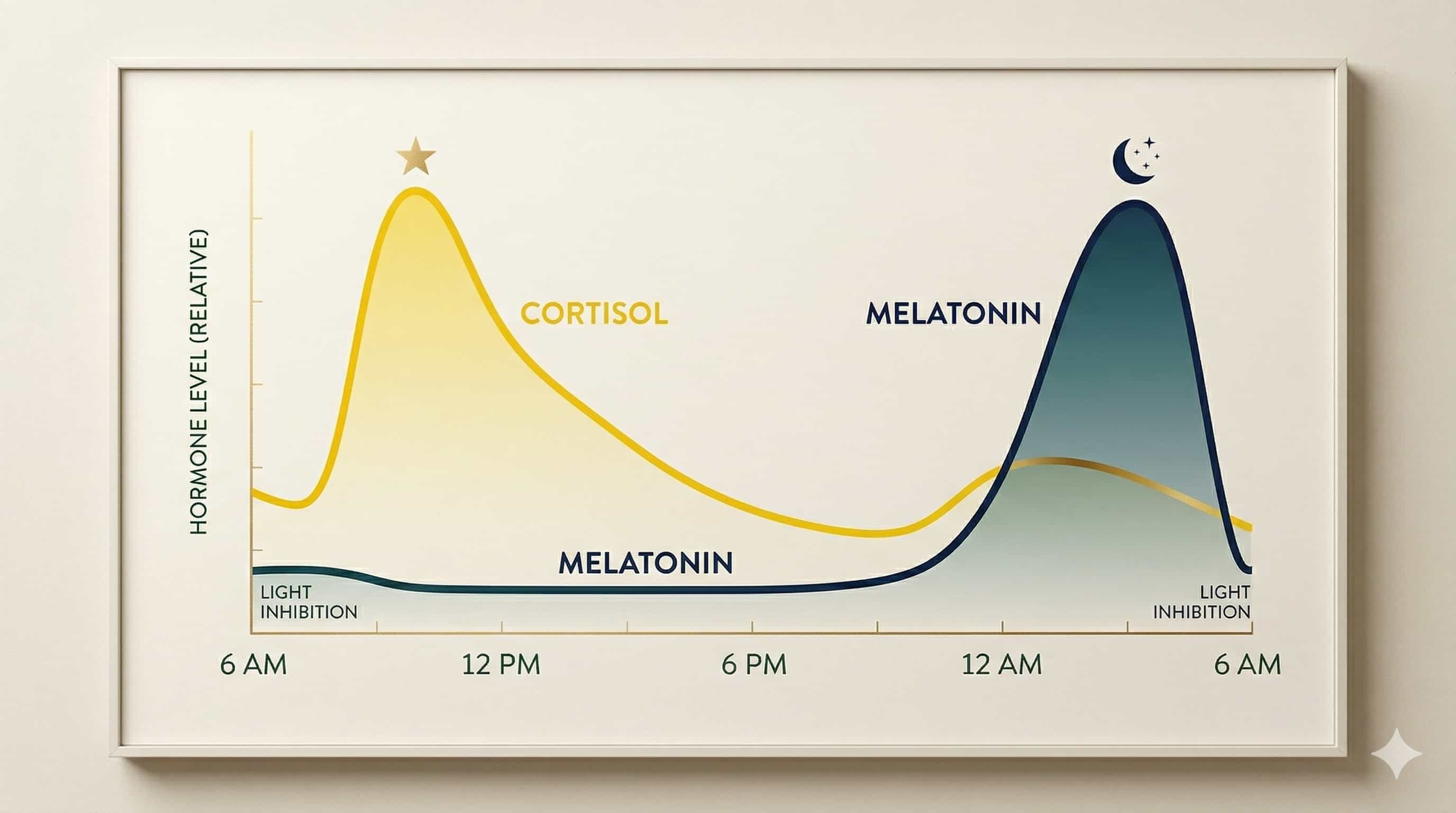 A medical infographic showing the circadian rhythm curve, highlighting morning cortisol peaks and evening melatonin release