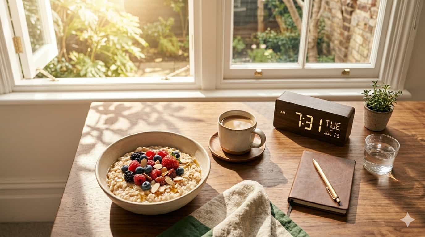A person eating a healthy breakfast near a bright window to anchor their circadian rhythm