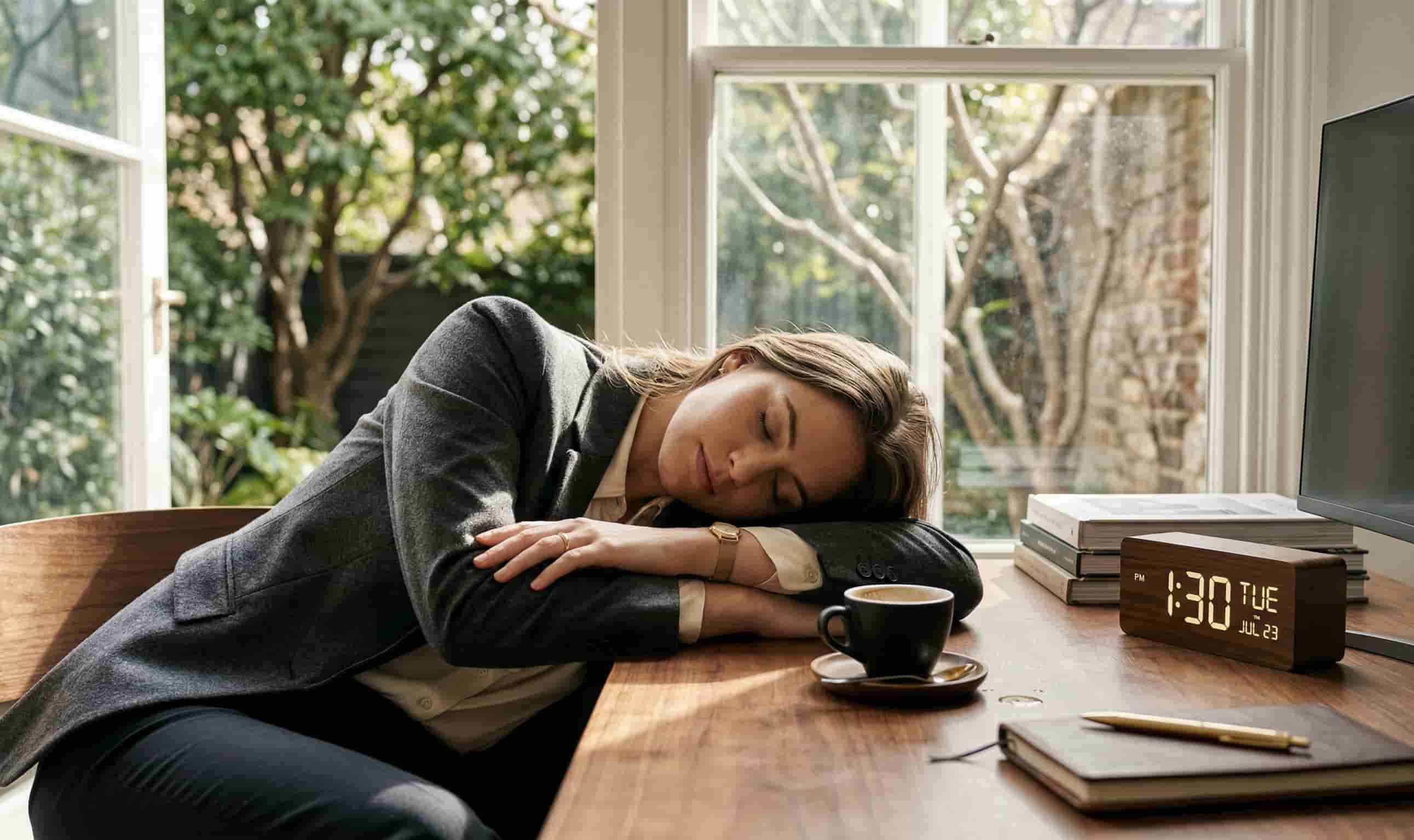 Professional drinking coffee before a quick nap