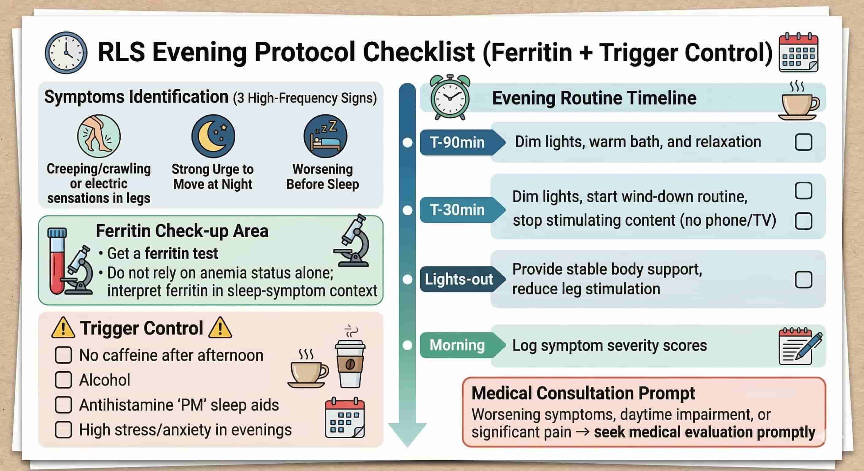 PLMD and RLS evening protocol checklist with ferritin and trigger control