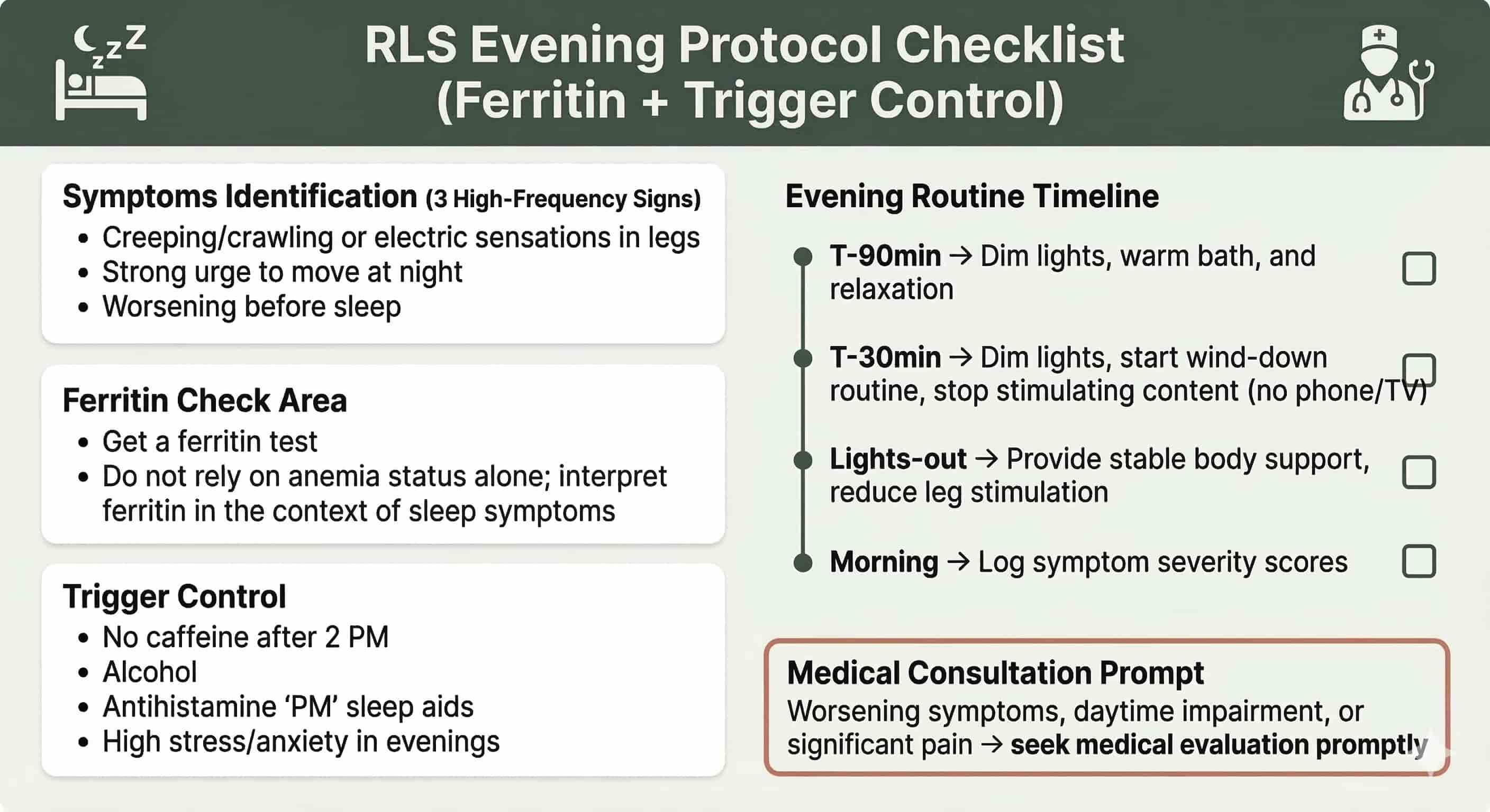 PLMD and RLS evening protocol checklist with ferritin and trigger control