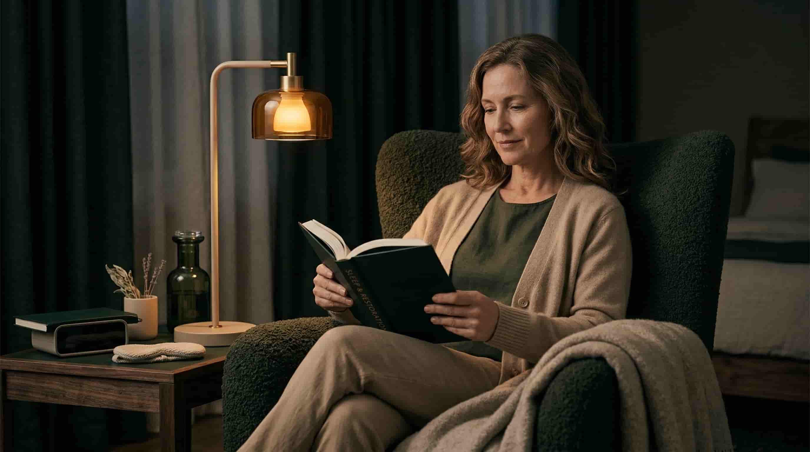 A person getting out of bed to read a book in a dim living room instead of tossing and turning