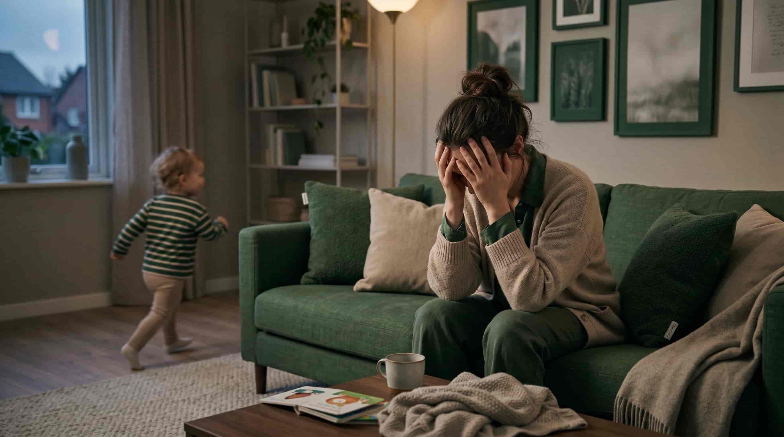 A hyperactive toddler running around the living room while the parents look exhausted