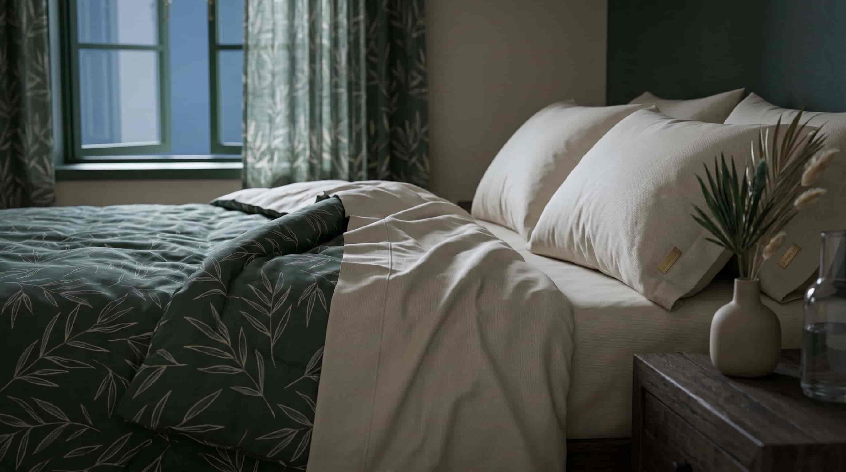 A close-up of breathable bamboo cooling sheets in a dim bedroom
