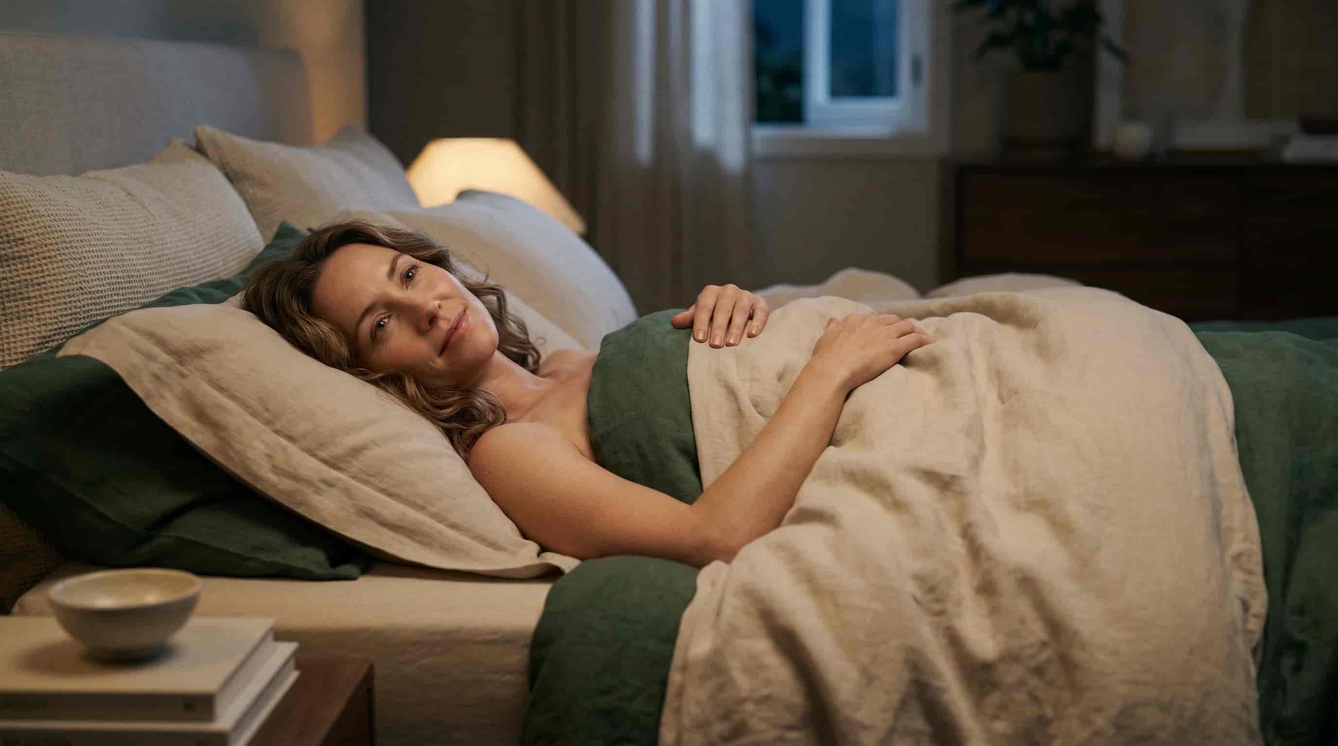 A person lying in bed, looking calm and accepting of their wakefulness