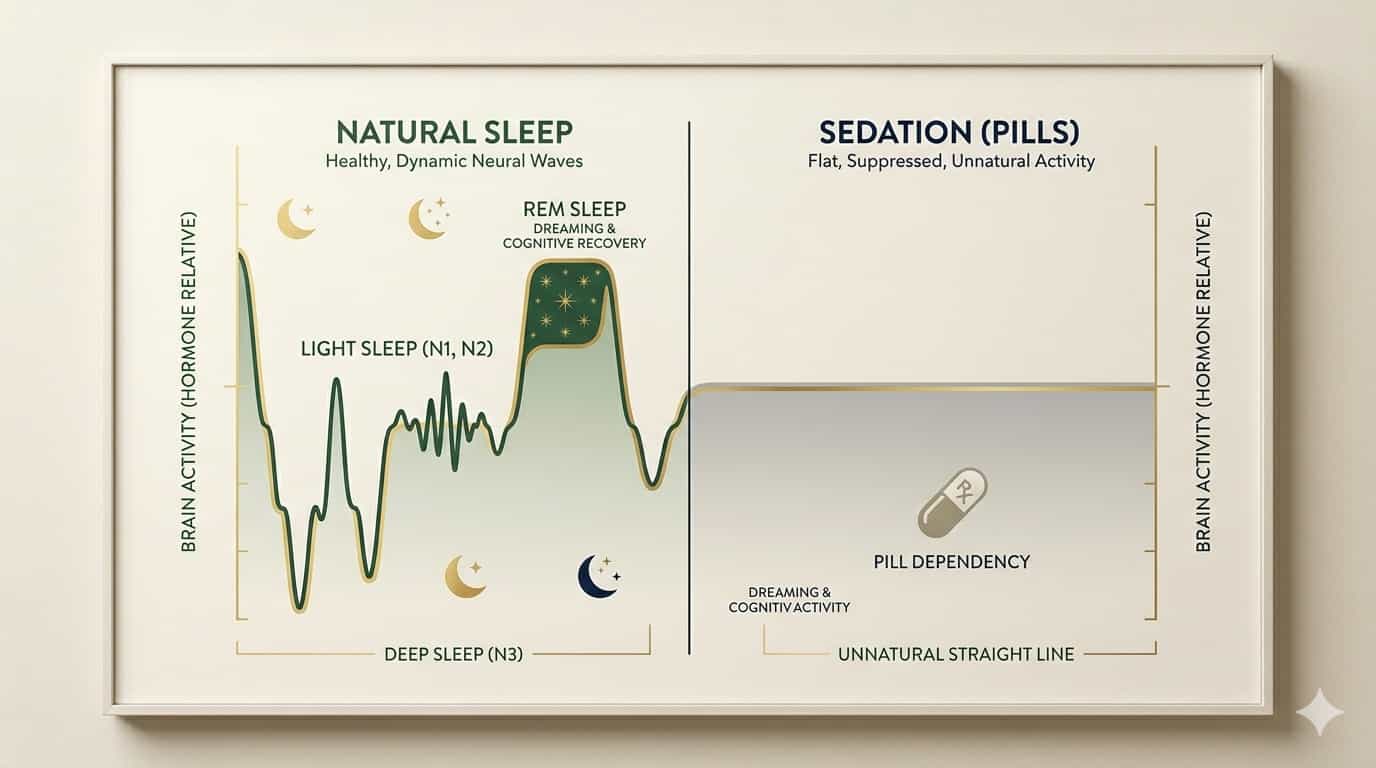 Medical infographic comparing normal sleep architecture vs sedative-induced sleep architecture