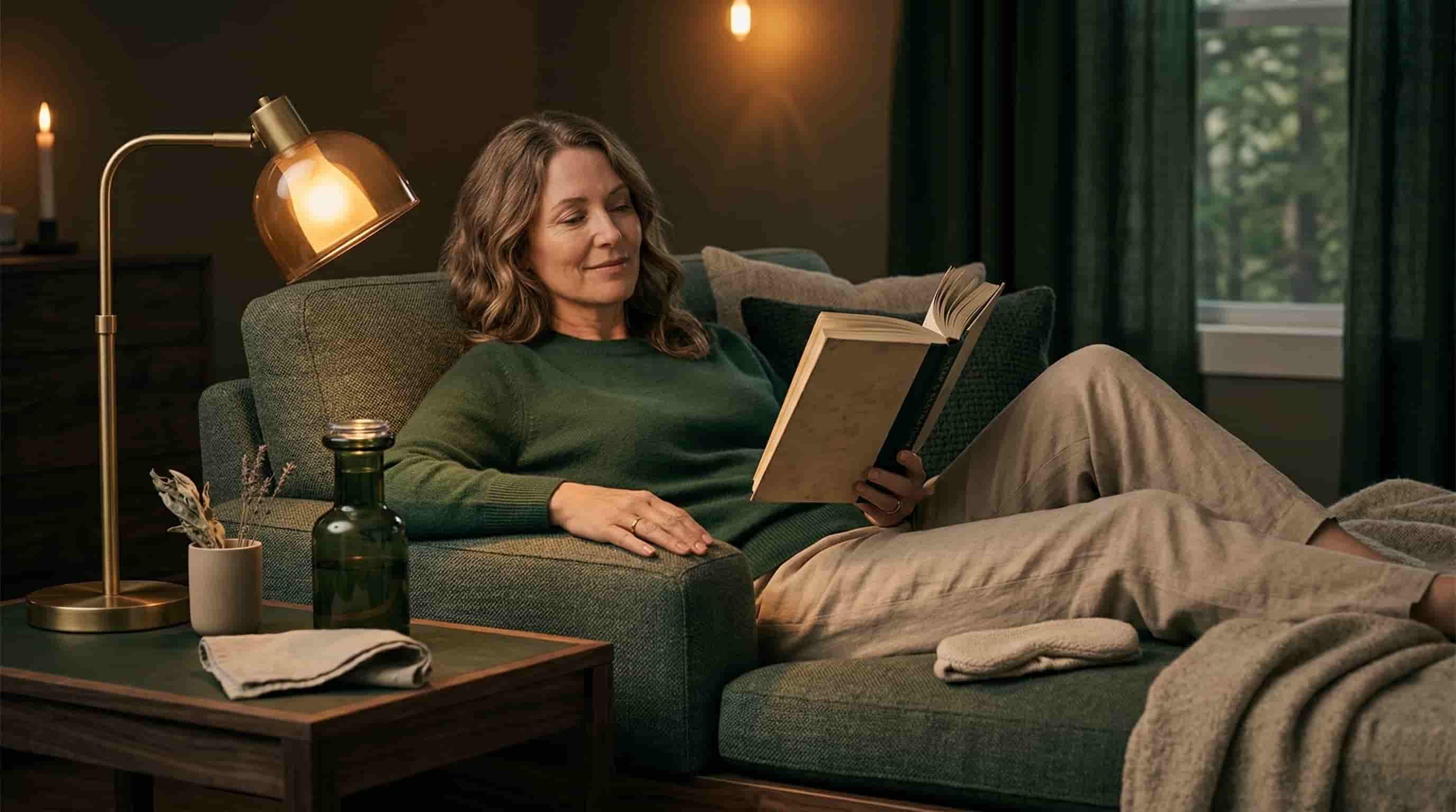A person resting peacefully on a comfortable chair reading a book, not trying to sleep
