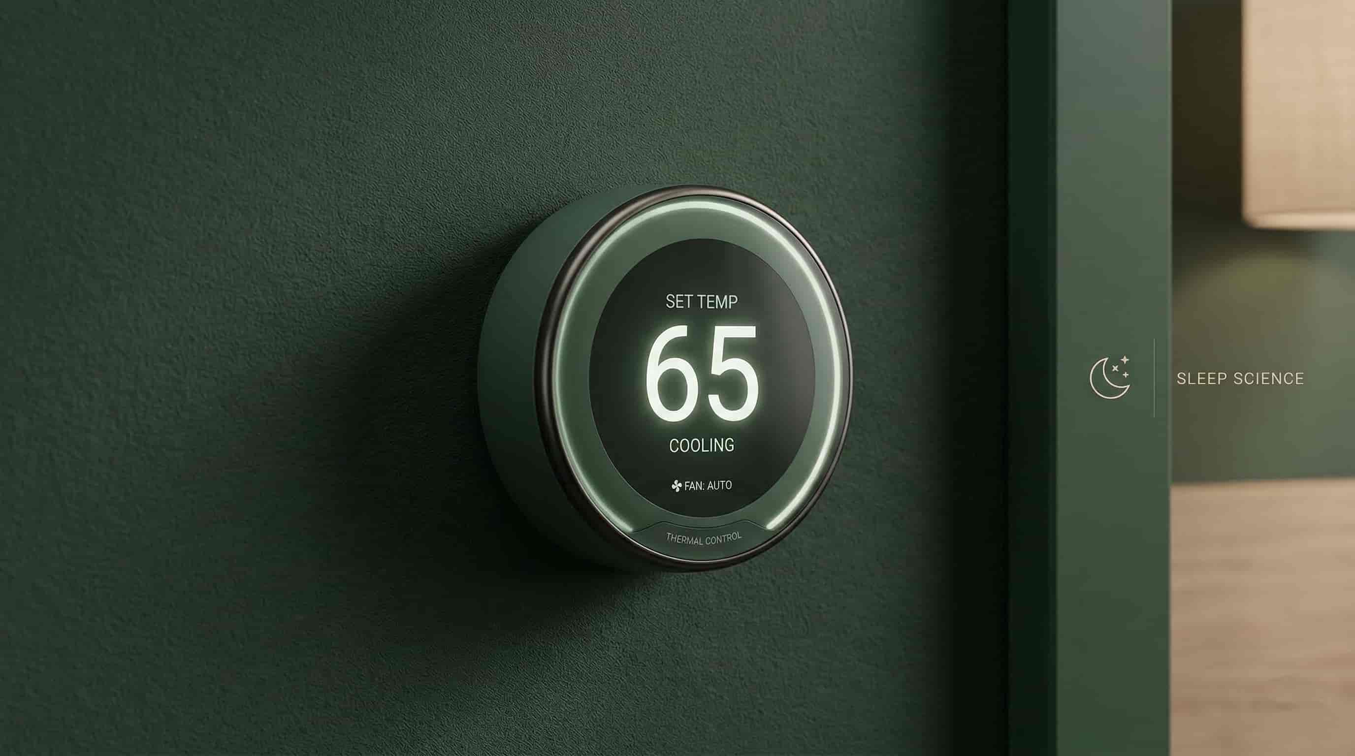 A glowing thermostat dial turned down to 65 degrees, representing the optimal sleep temperature