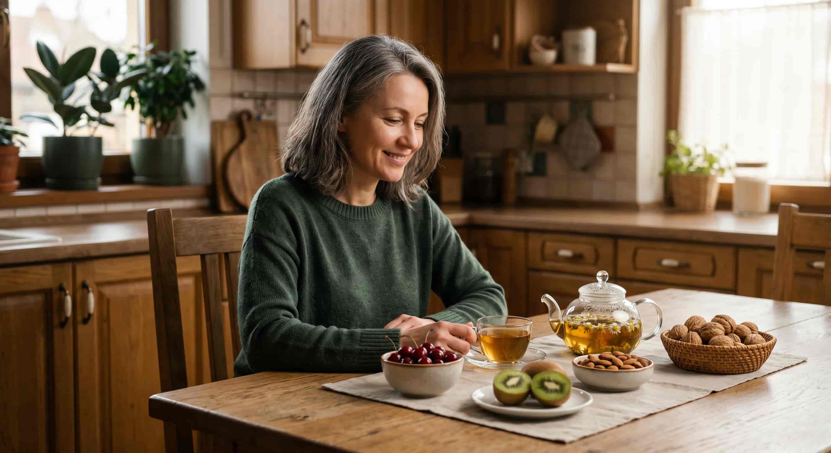 Natural sleep aids and foods arranged on a wooden table including tart cherries, kiwi, almonds, and chamomile tea