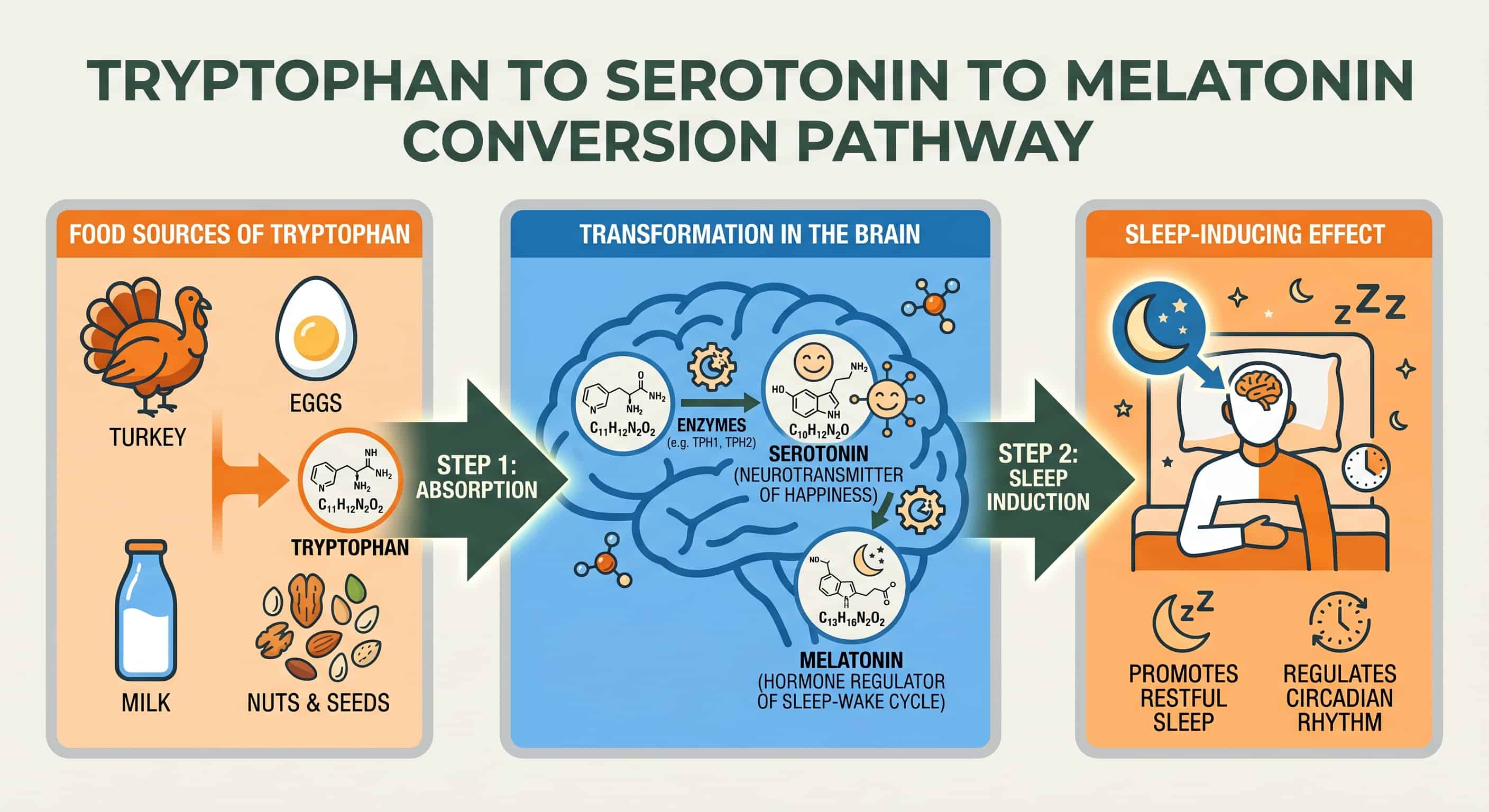 Scientific diagram showing tryptophan pathway from food to melatonin production in the brain