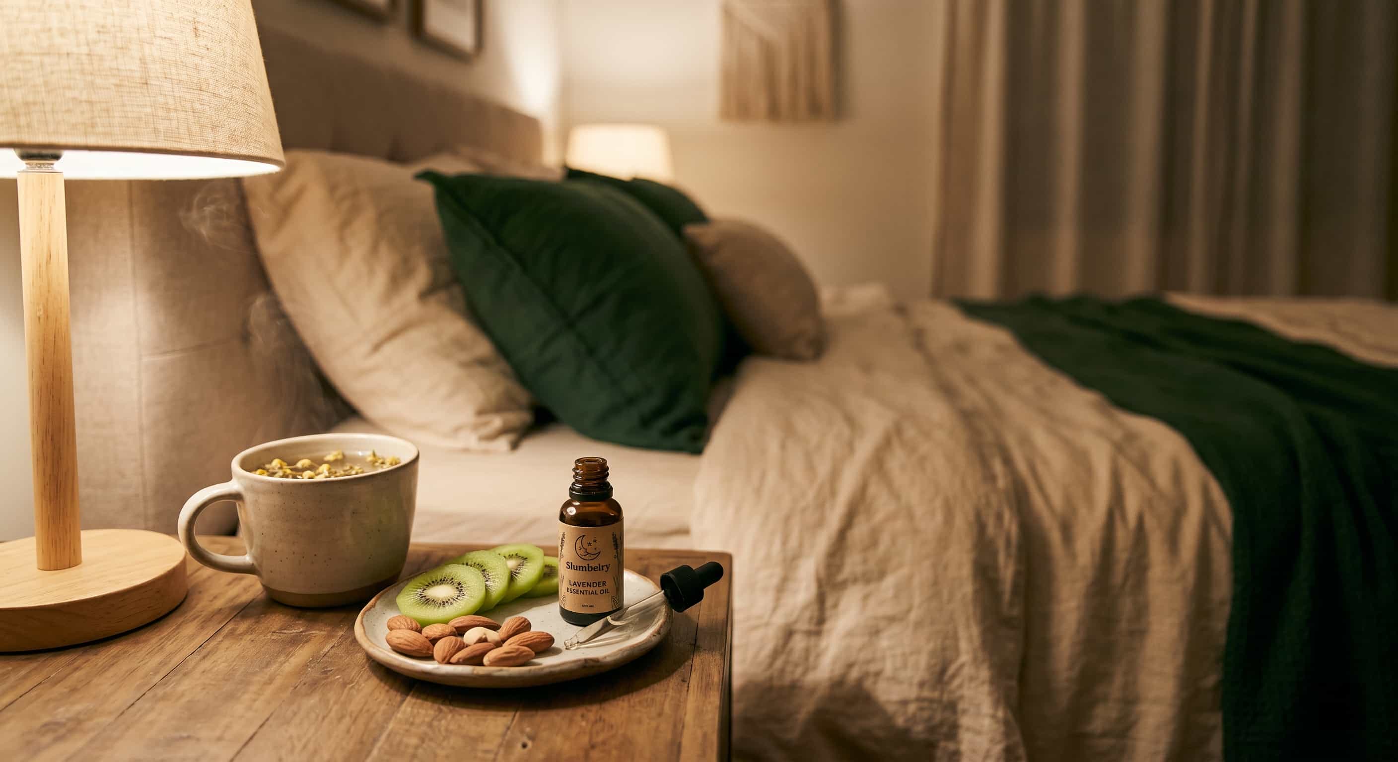 A calming bedroom scene with chamomile tea, almonds, kiwi slices, and lavender essential oil on a bedside table