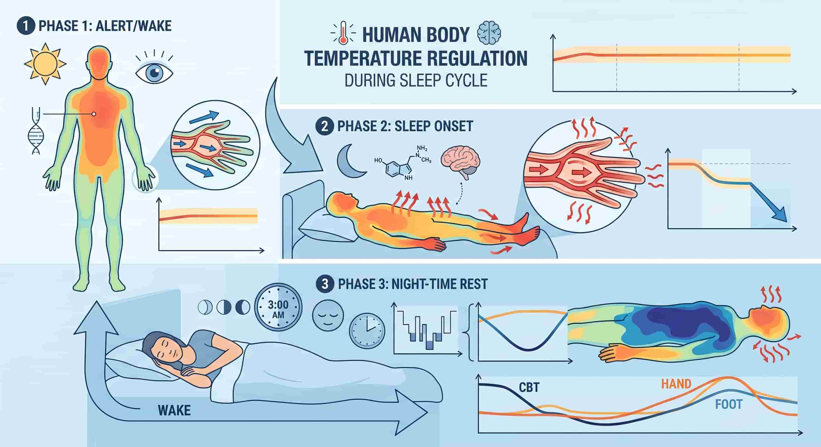 Scientific illustration showing human body temperature regulation during sleep cycle, with thermal imaging style showing heat dissipation from core to extremities