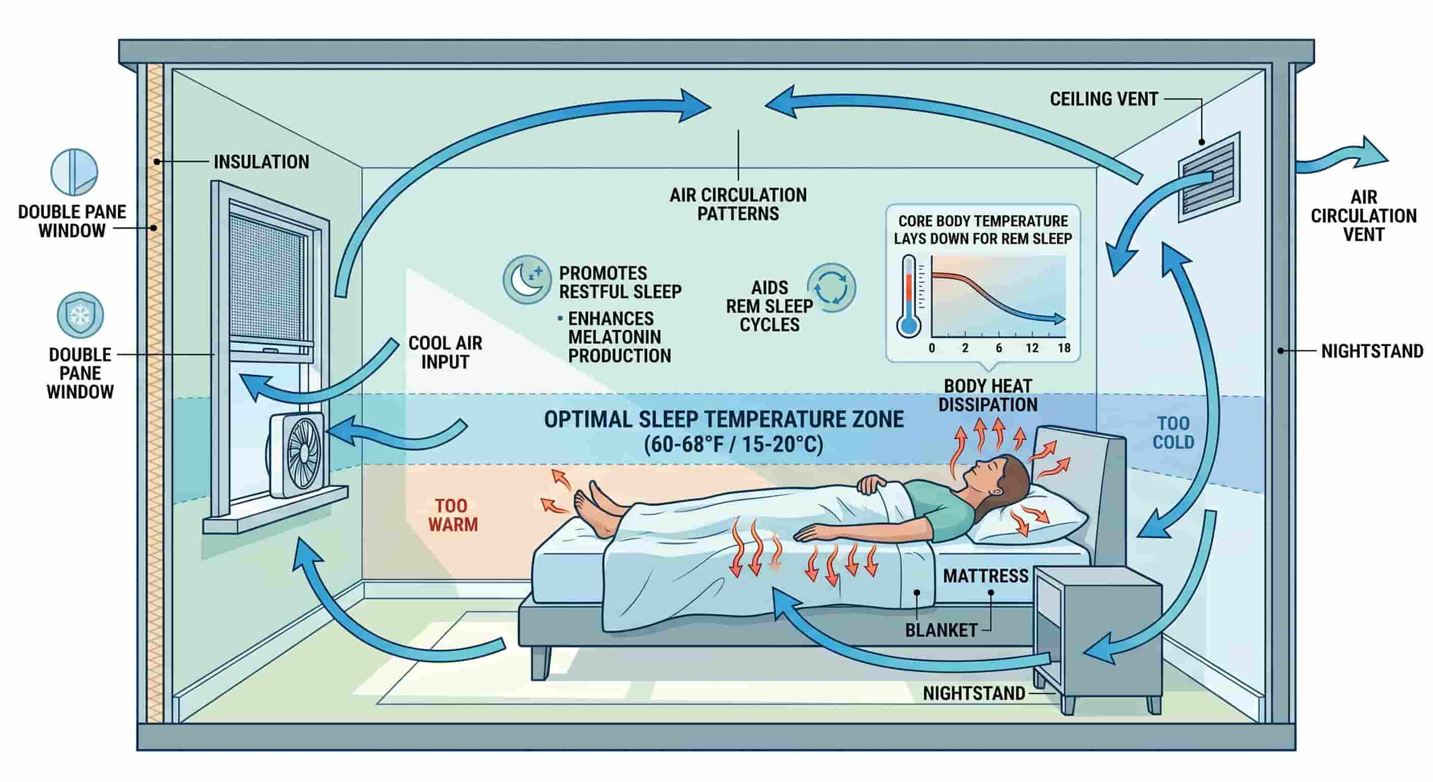 Cross-section diagram of bedroom showing optimal temperature zones (60-68°F), with visual indicators of air circulation patterns and human body in bed demonstrating heat dissipation
