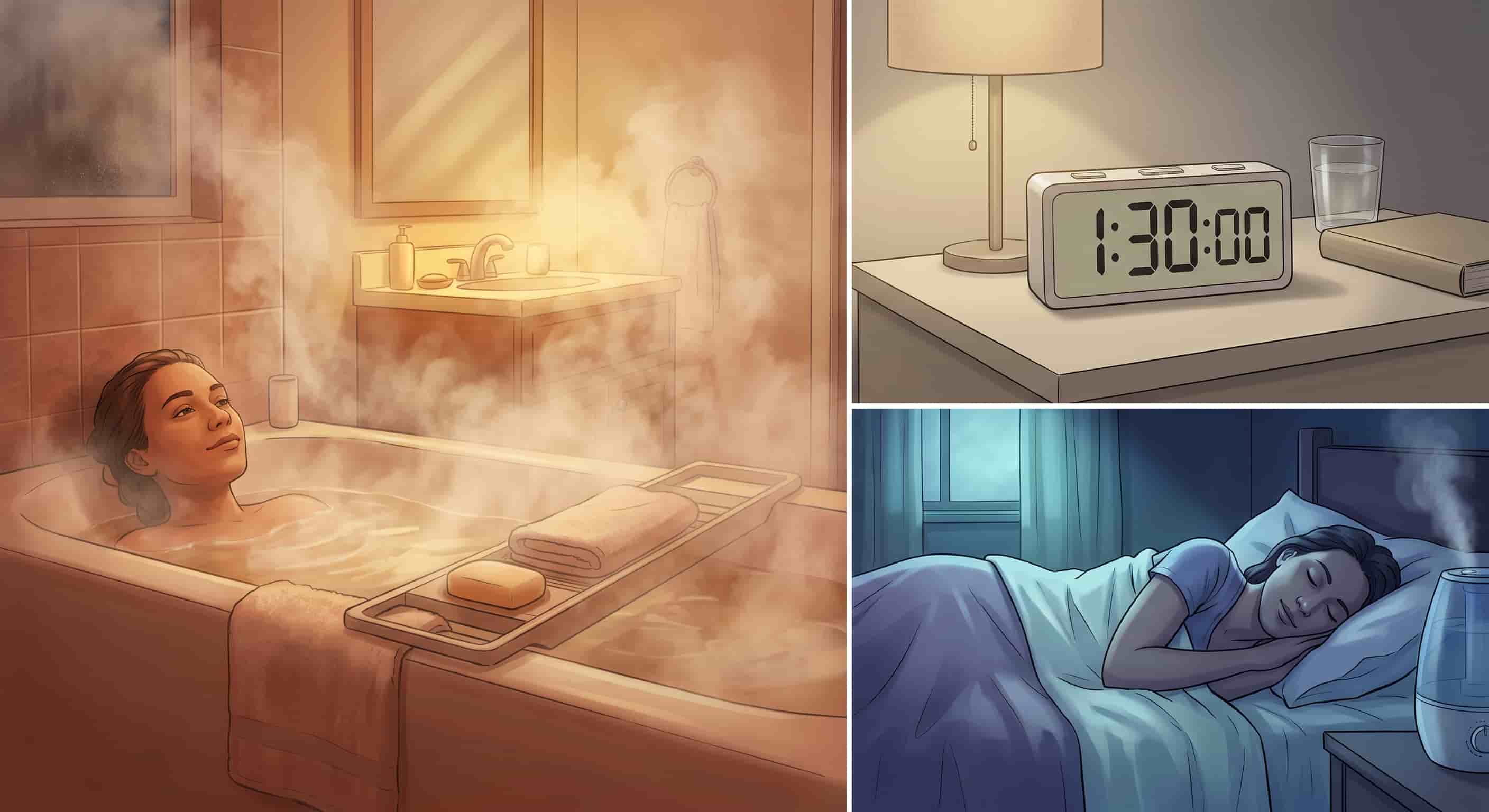 Series of three images showing person taking warm bath with steam rising, clock showing 90-minute countdown, and person sleeping peacefully in cool bedroom