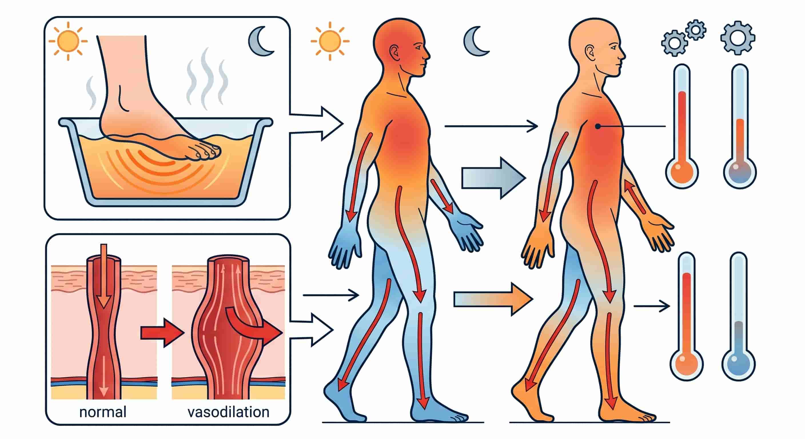 Scientific illustration showing the thermoregulation process: feet warming causing vasodilation, heat flowing from core to extremities, temperature thermometer showing cooling core