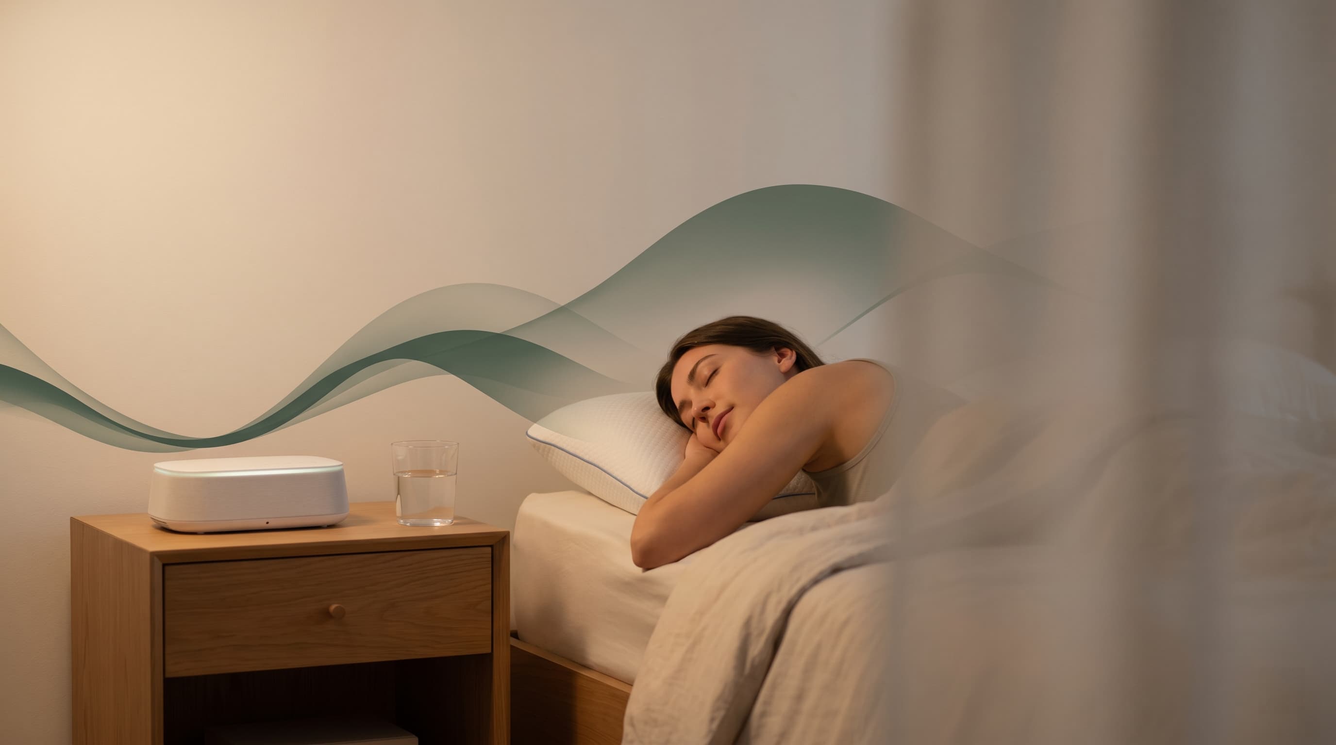 Minimalist bedroom at night with a premium Bluetooth speaker on a wooden nightstand, soft ambient light, natural linen bedding, calm wellness atmosphere