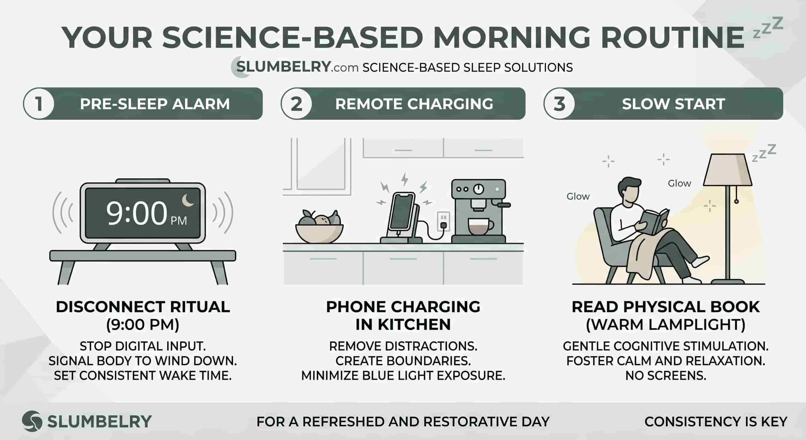 Digital Sunset Protocol visual guide showing phone placement and bedtime routine