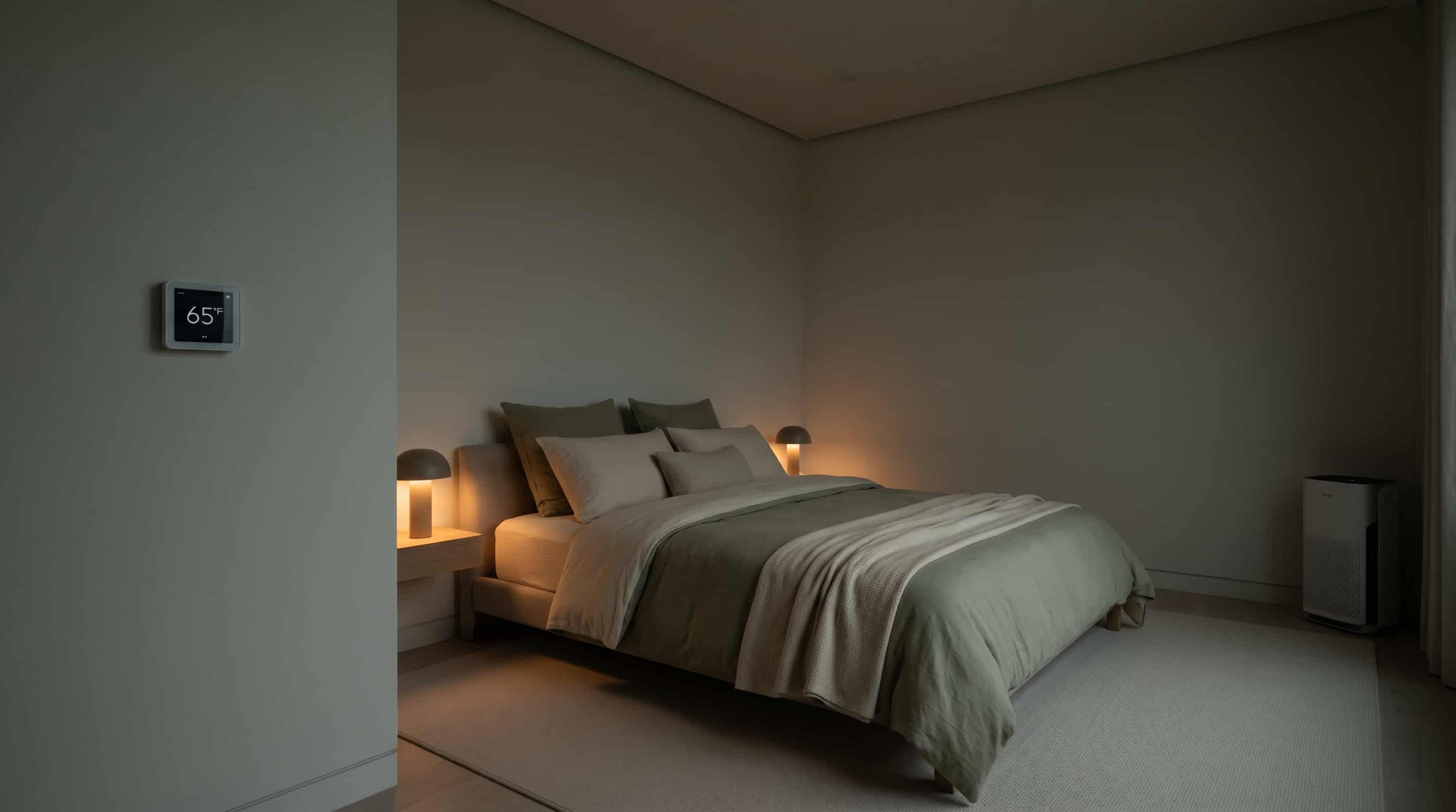 A minimalist bedroom optimized as a biological sleep sanctuary with complete blackout, premium cooling bedding, and zero electronics
