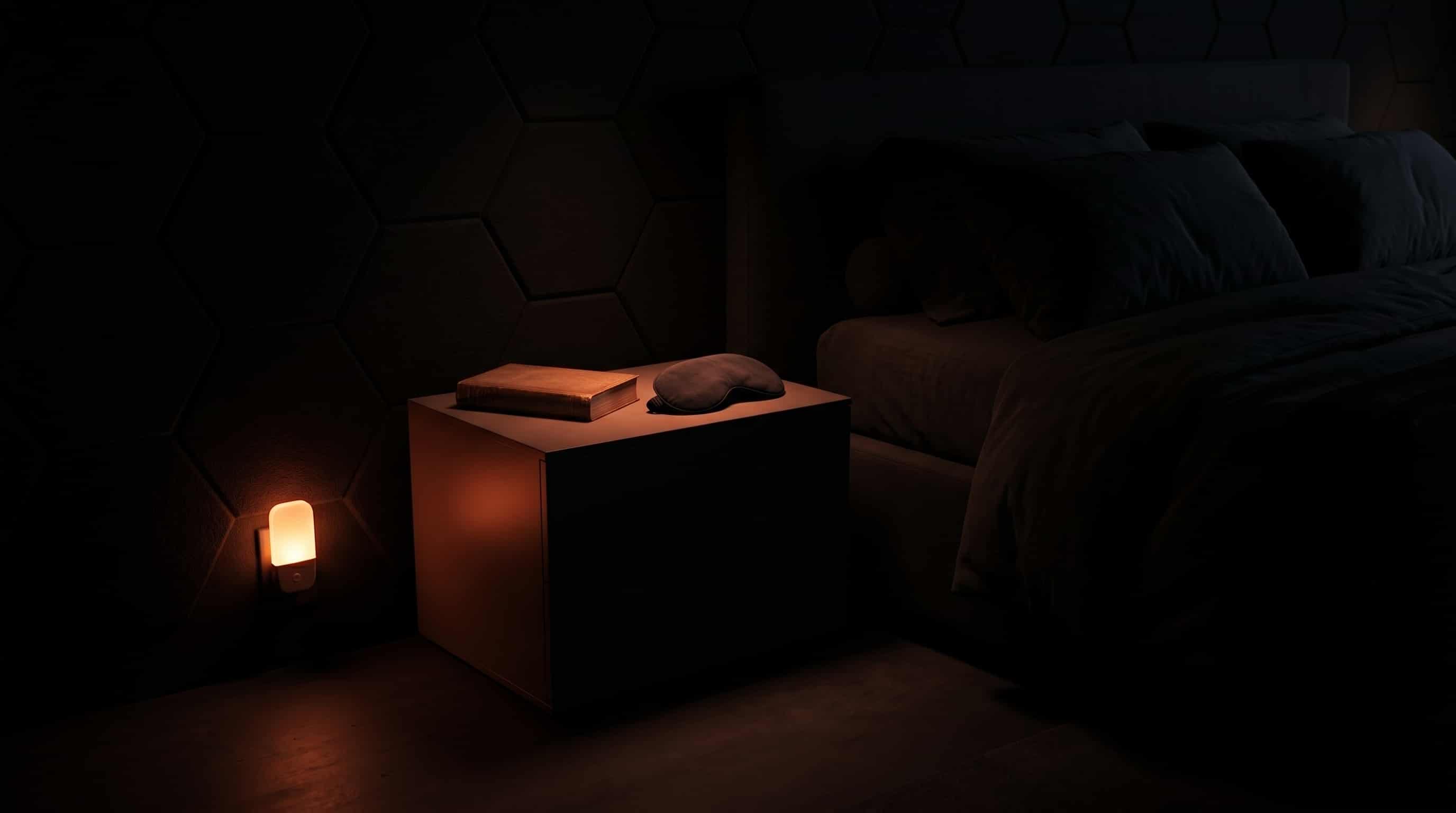 Pitch-black bedroom with amber nightlight, physical book on nightstand, and sleep mask — the three pillars of light control, psychological conditioning, and sensory management