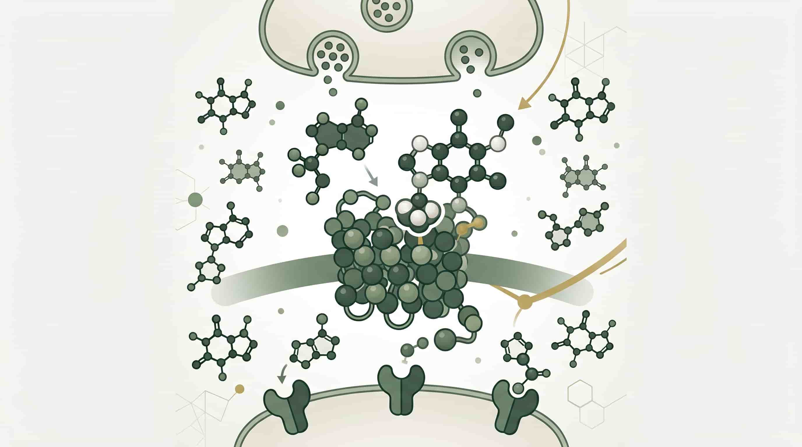 Scientific illustration showing caffeine molecules blocking adenosine receptors in brain synapse