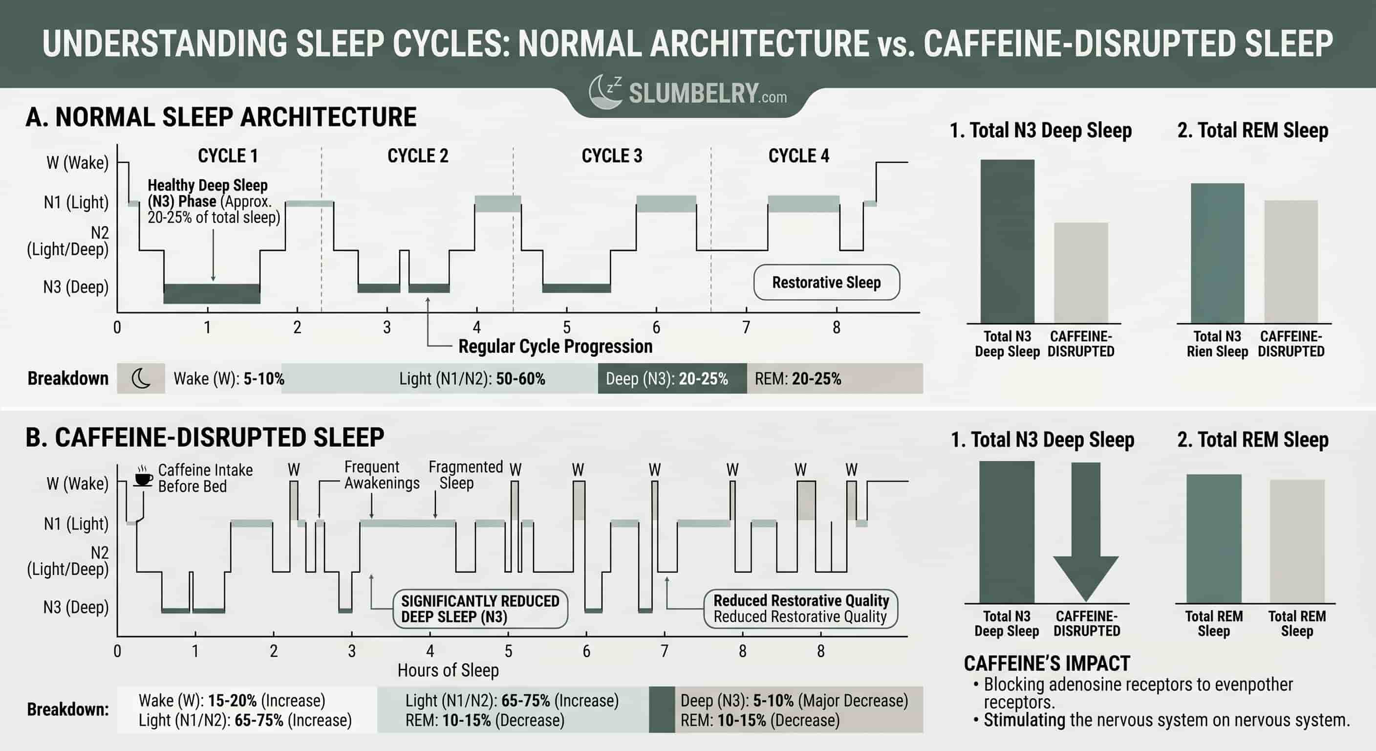 Sleep cycle comparison chart showing reduced deep sleep stages with afternoon caffeine consumption vs normal sleep architecture