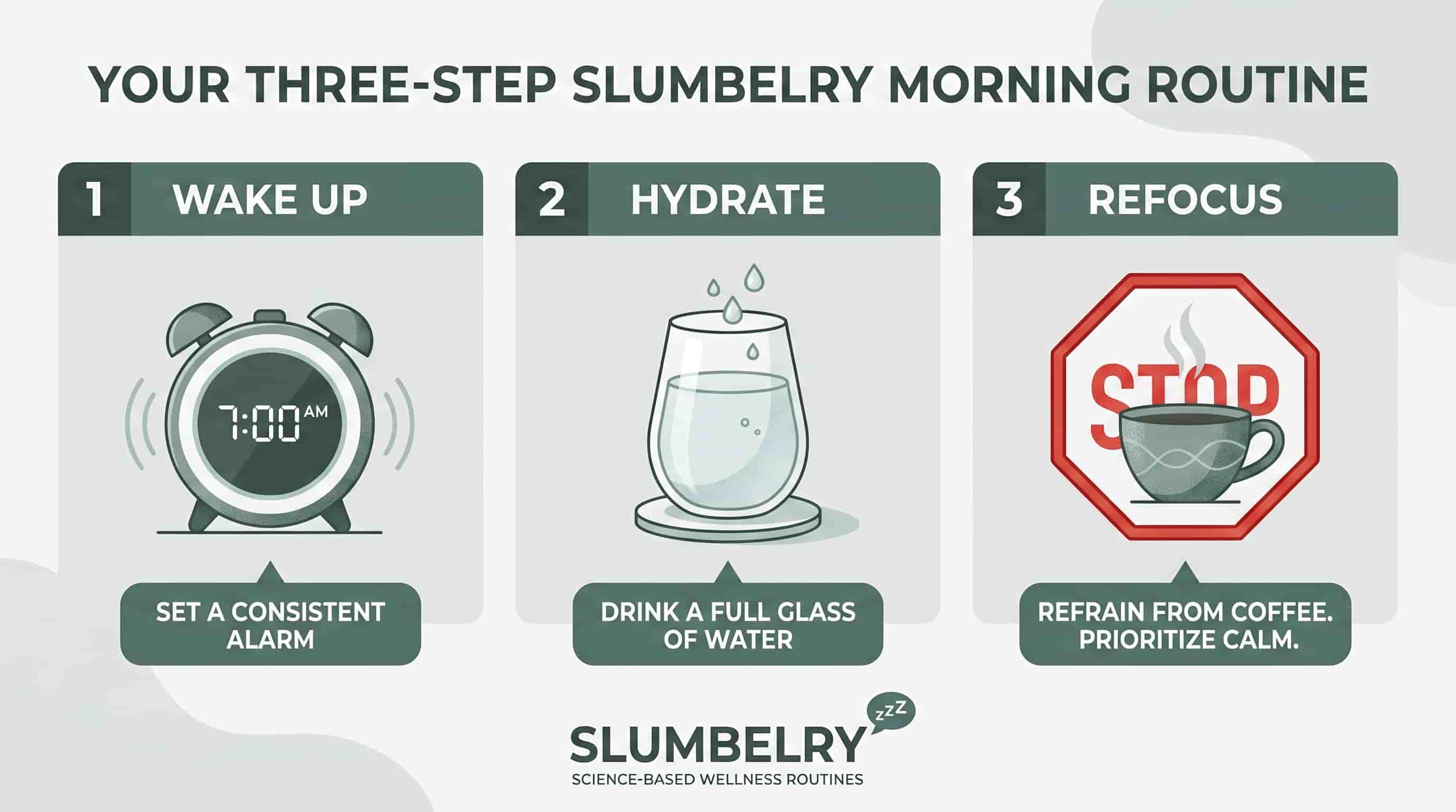 Visual infographic showing 3 steps of the Slumbelry Caffeine Curfew Protocol: delay morning coffee, enforce 2 PM hard cutoff, replace afternoon caffeine with movement or hydration