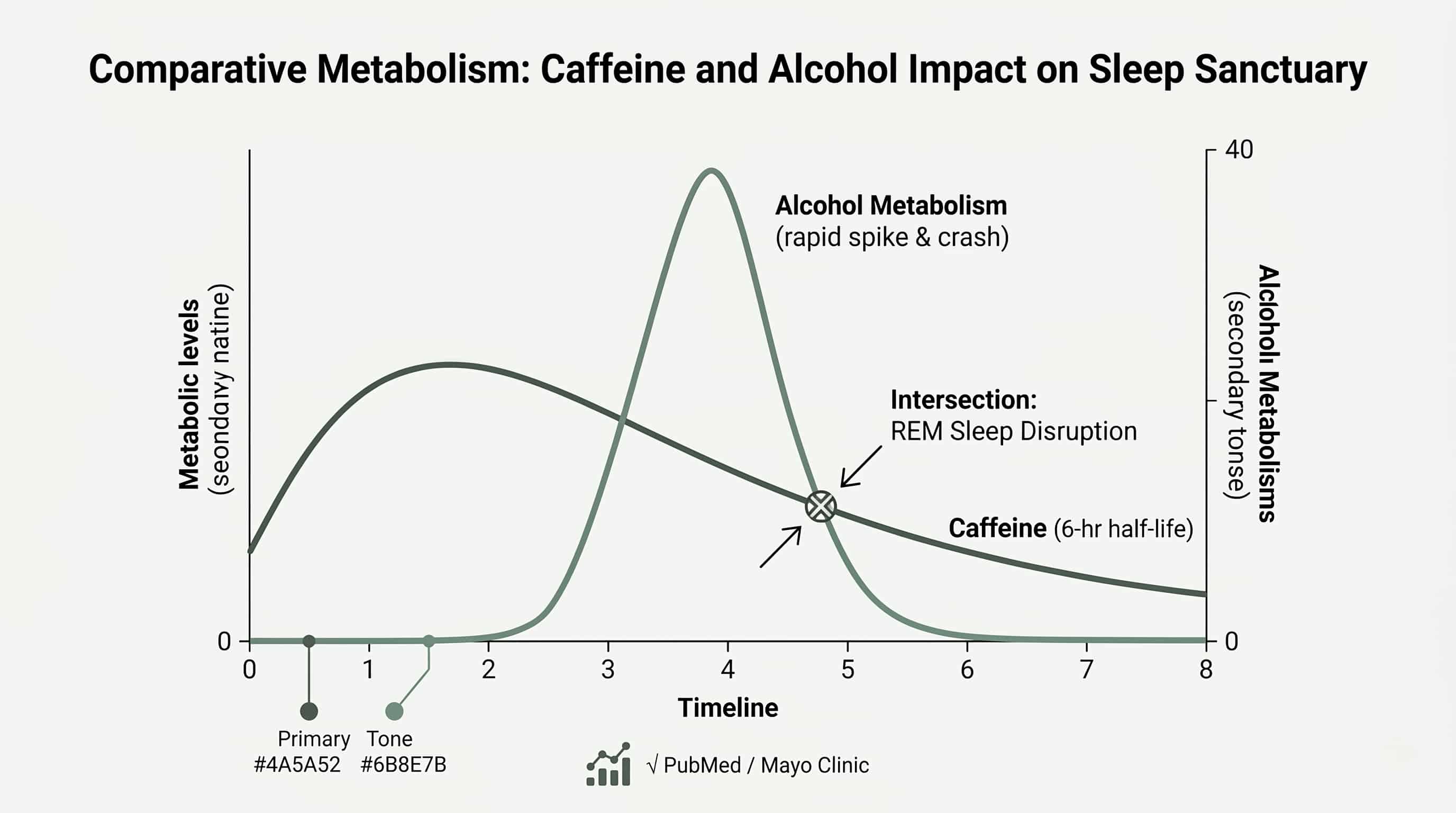 Scientific chart showing caffeine half-life and alcohol metabolism curves intersecting