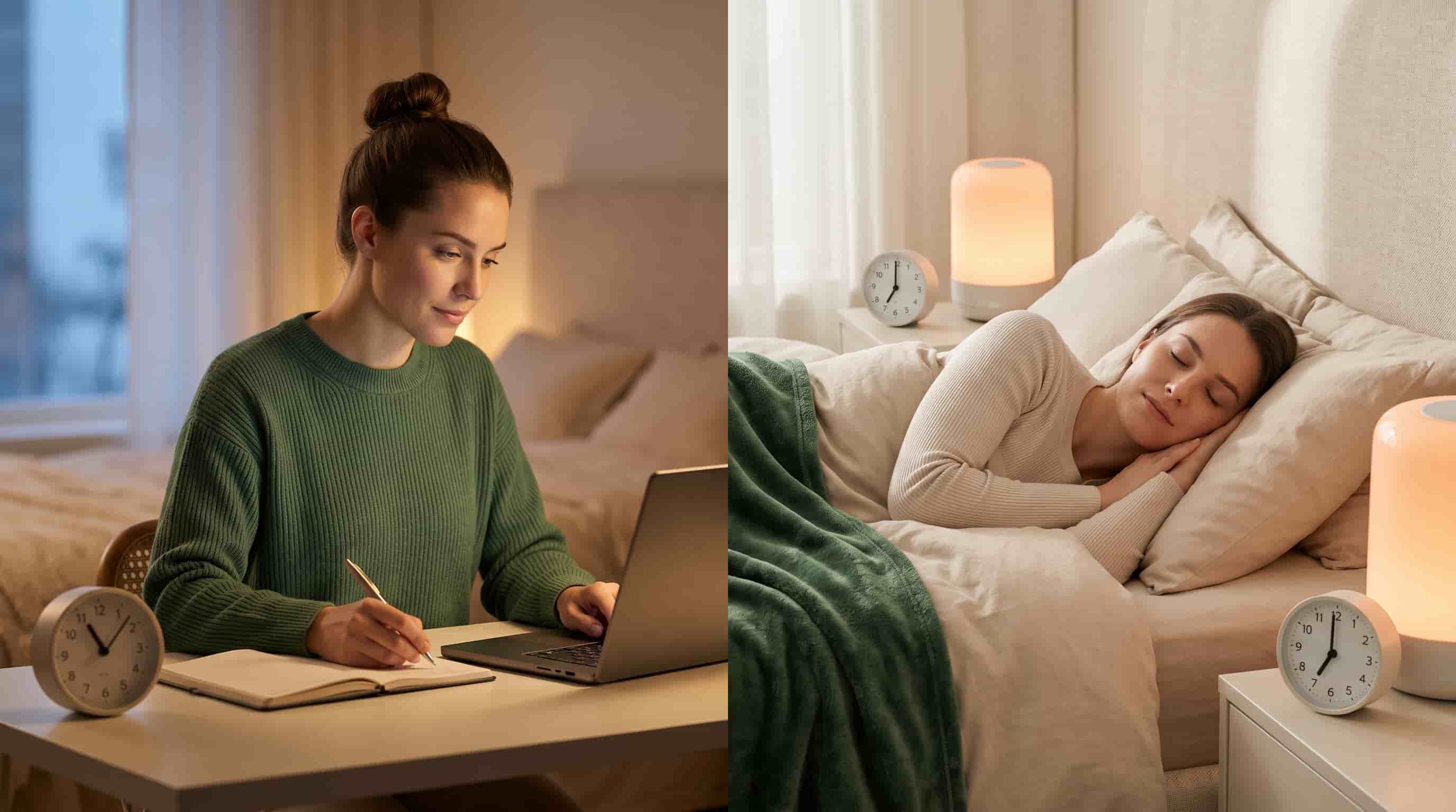 Split visual composition showing a person energized and focused late at night on one side, and waking naturally with soft morning light on the other, illustrating two distinct chronotype realities