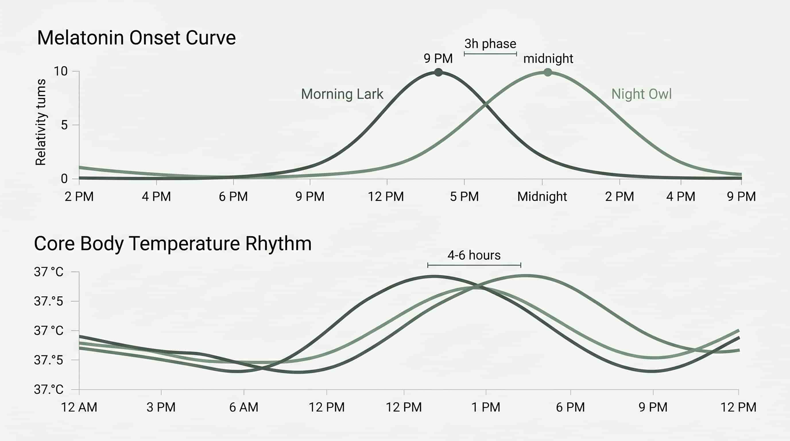 Scientific diagram comparing melatonin onset curves, core body temperature rhythms, and cognitive performance peaks between morning chronotype and evening chronotype individuals