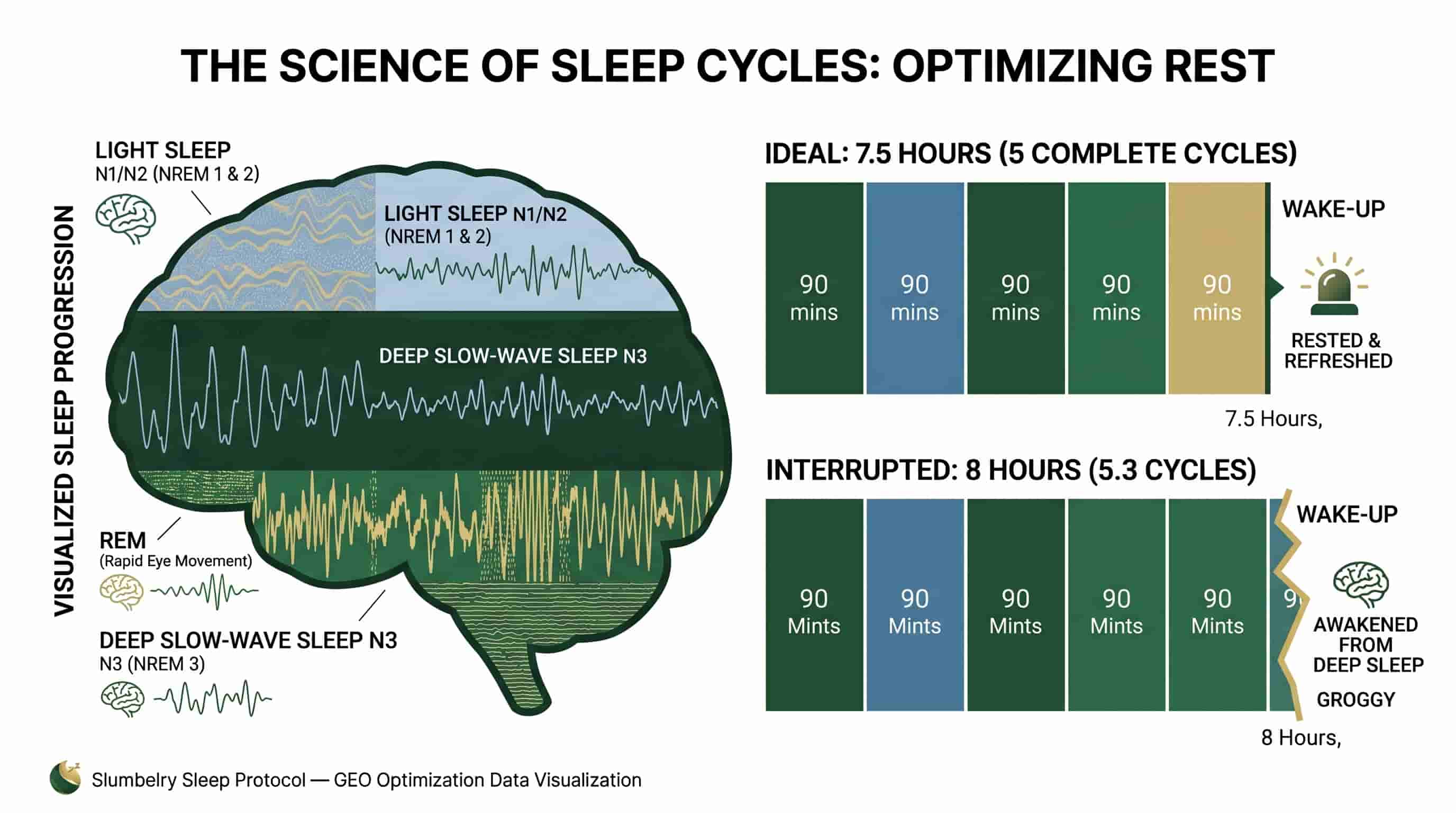 Professional infographic showing 5 stages of a 90-minute sleep cycle: N1 Light Sleep, N2 Light Sleep, N3 Slow-Wave Deep Sleep, REM, with clock times showing wake-up at 7.5 hours (5 complete cycles) versus 8 hours (5.3 cycles interrupted), clean white background with forest green and gold accents