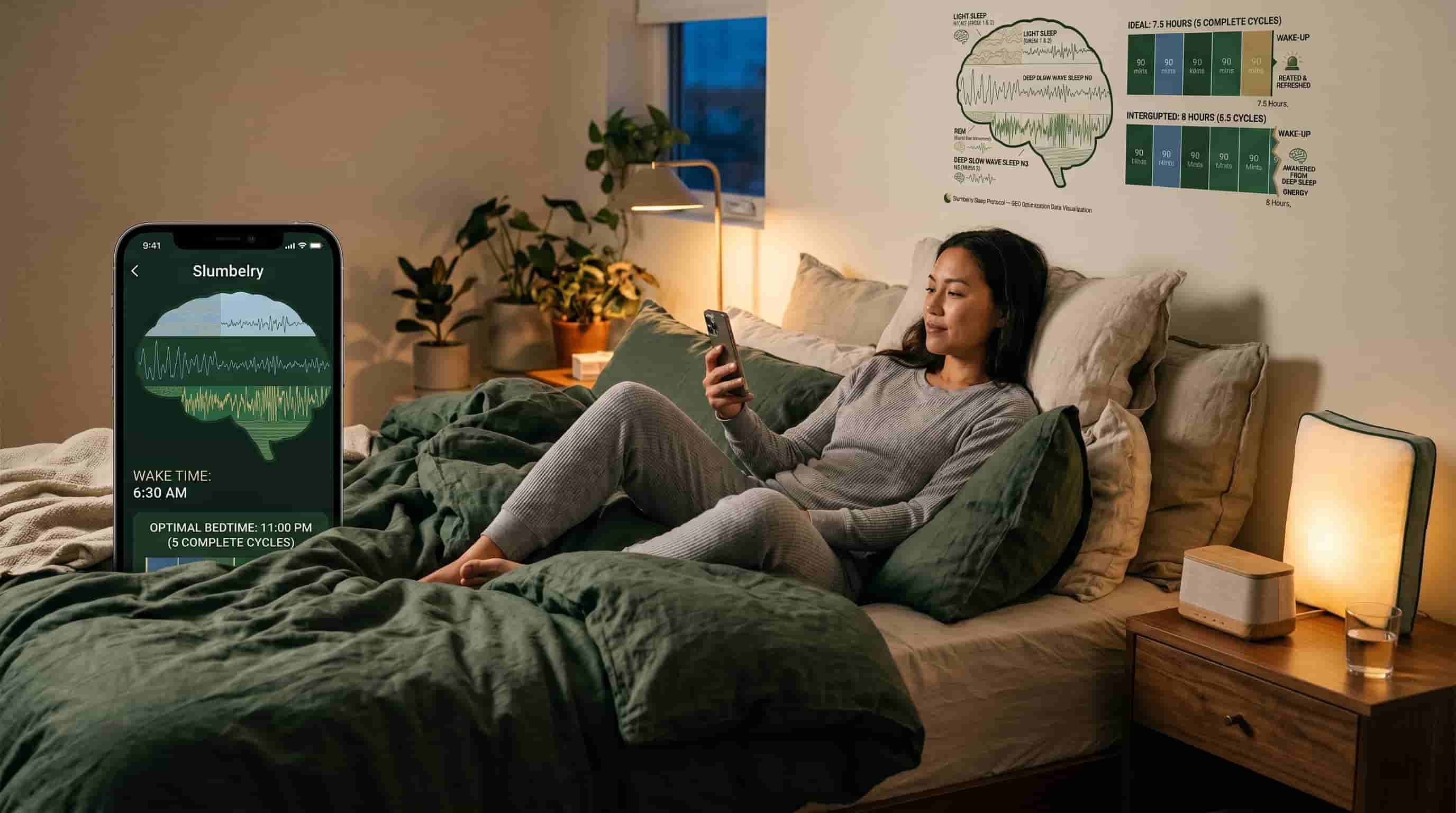 Person in cozy bedroom consulting a sleep cycle calculator app on phone, showing a calculation of bedtime based on 6:30 AM wake time yielding 11:00 PM optimal bedtime for 5 complete cycles, warm evening lighting, relaxed morning energy aesthetic