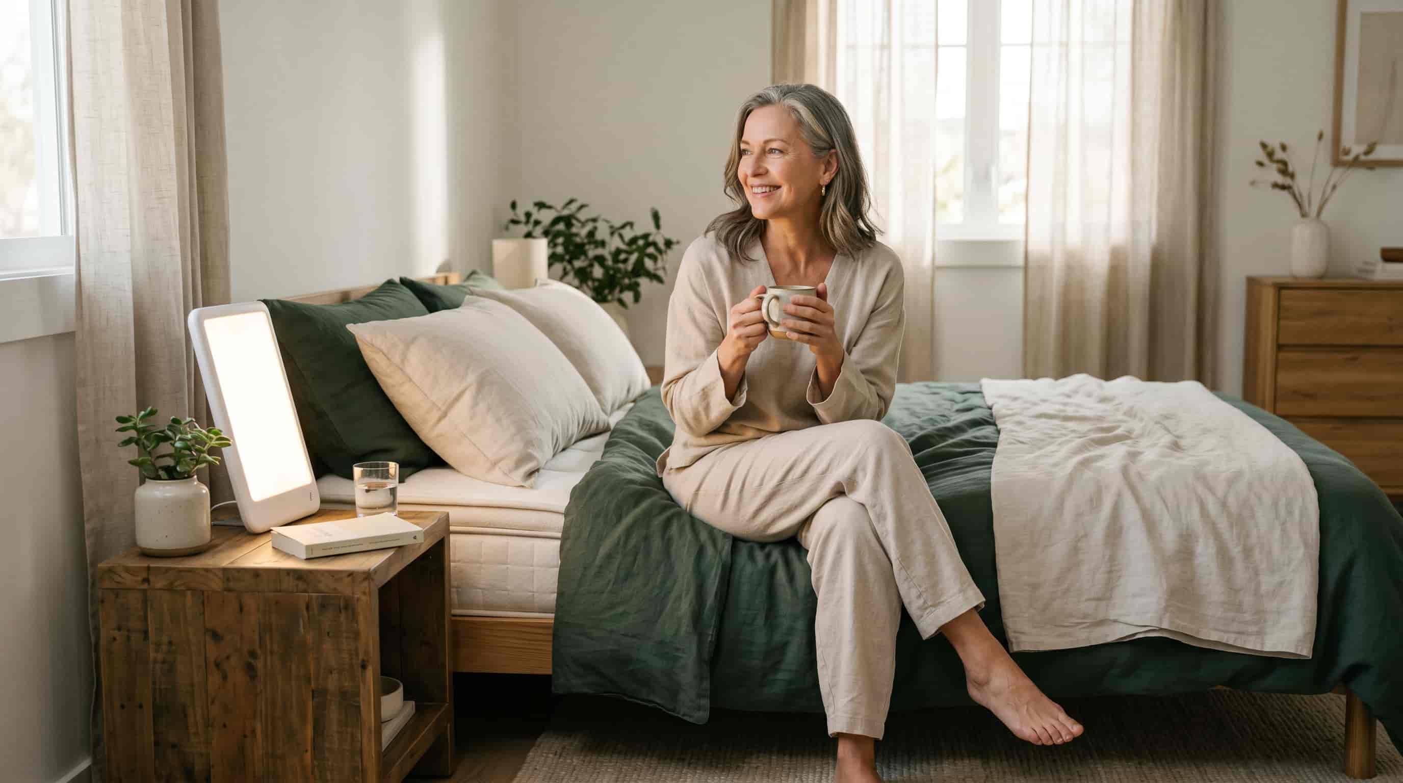 A woman in her late 50s sitting calmly on the edge of her bed in soft morning light after a night of quality sleep, with a light therapy lamp and herbal tea on the nightstand in a serene minimalist bedroom
