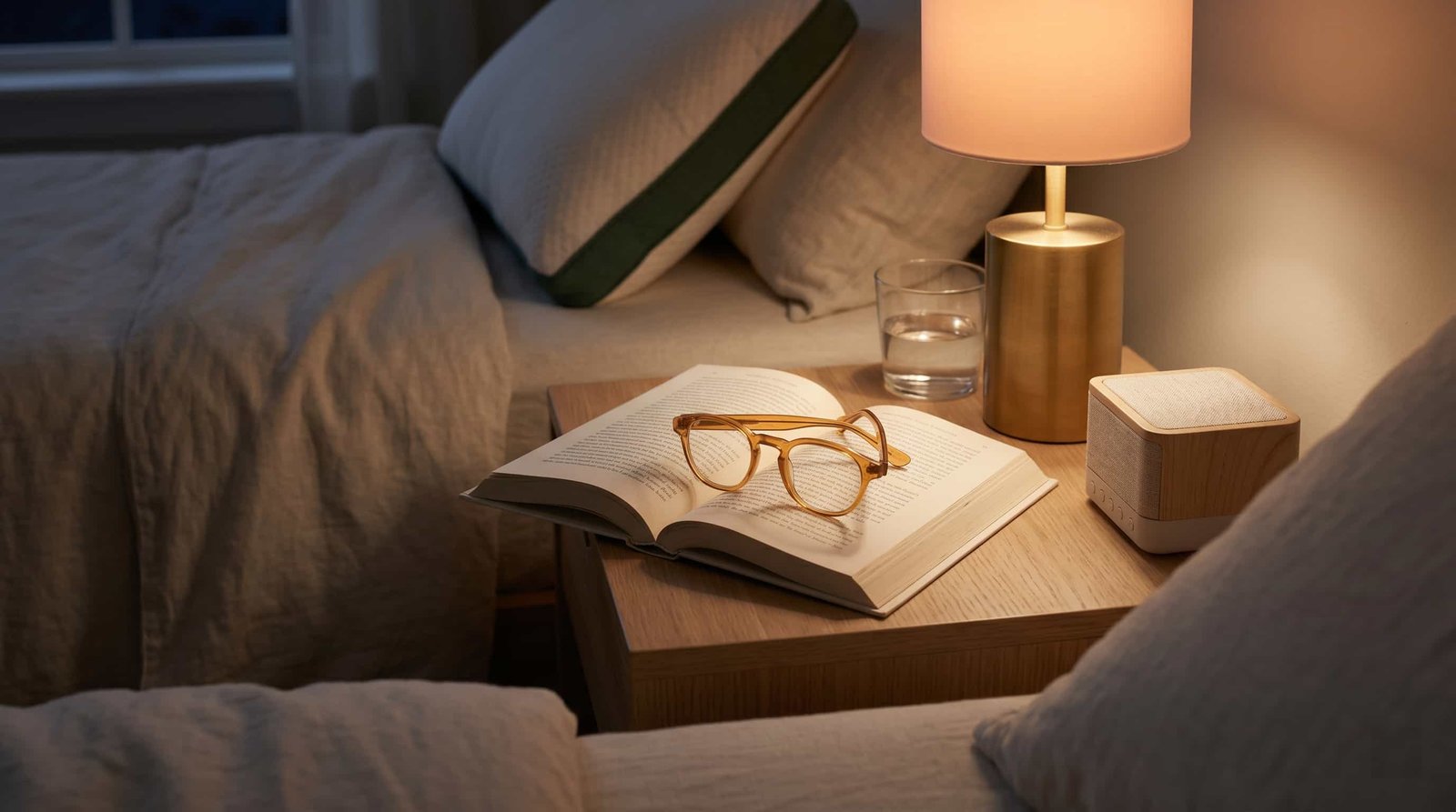 Person tracking sleep patterns in a journal at a nightstand with warm lamp light, peaceful bedroom, pen and paper showing sleep diary entries and pattern notes