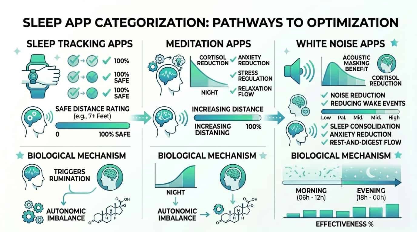 Comparative chart showing effectiveness of three sleep app categories: tracking apps, meditation apps, and white noise apps for deep sleep improvement