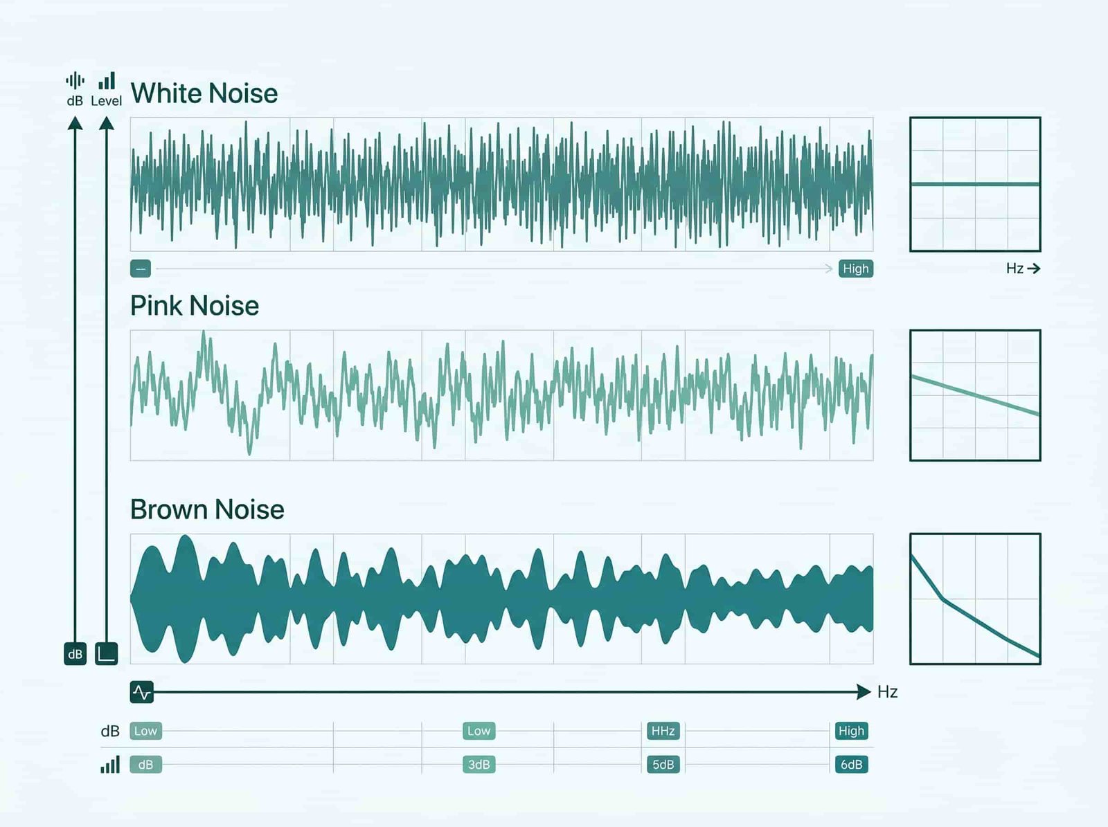 Sound frequency spectrum comparison: white noise, pink noise, and brown noise wave patterns showing frequency distribution and decibel levels
