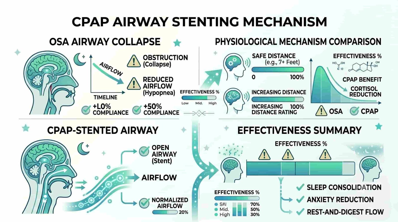 Understanding, choosing, and using sleep apnea machines effectively 8 Medical comparison diagram showing airway collapse in obstructive sleep apnea versus airway patency with CPAP pressure, demonstrating how positive airway pressure maintains open breathing during sleep
