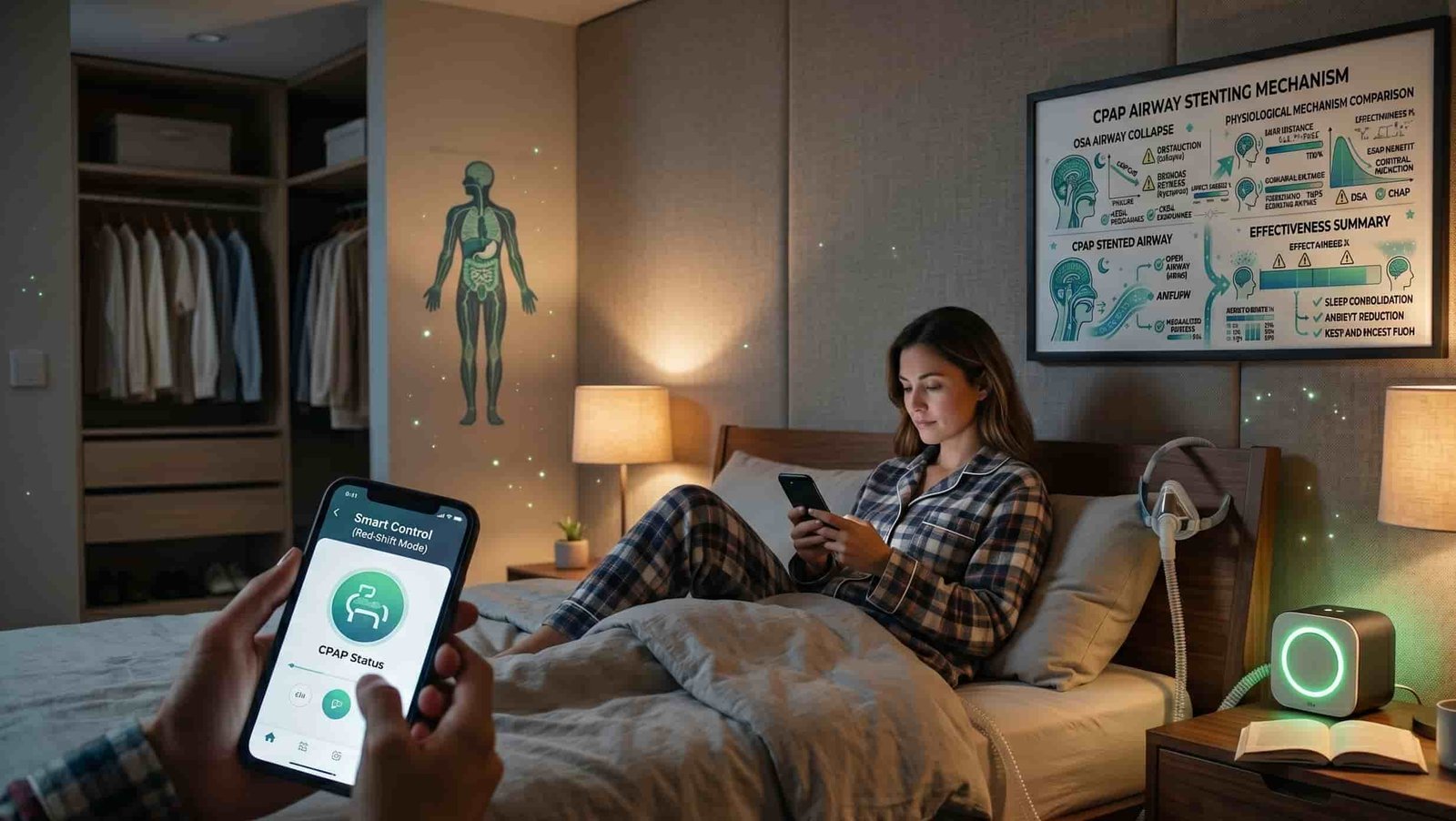 Understanding, choosing, and using sleep apnea machines effectively 9 Modern bedroom at night with a CPAP machine on the nightstand, tubing running along the side of the bed, warm ambient lighting