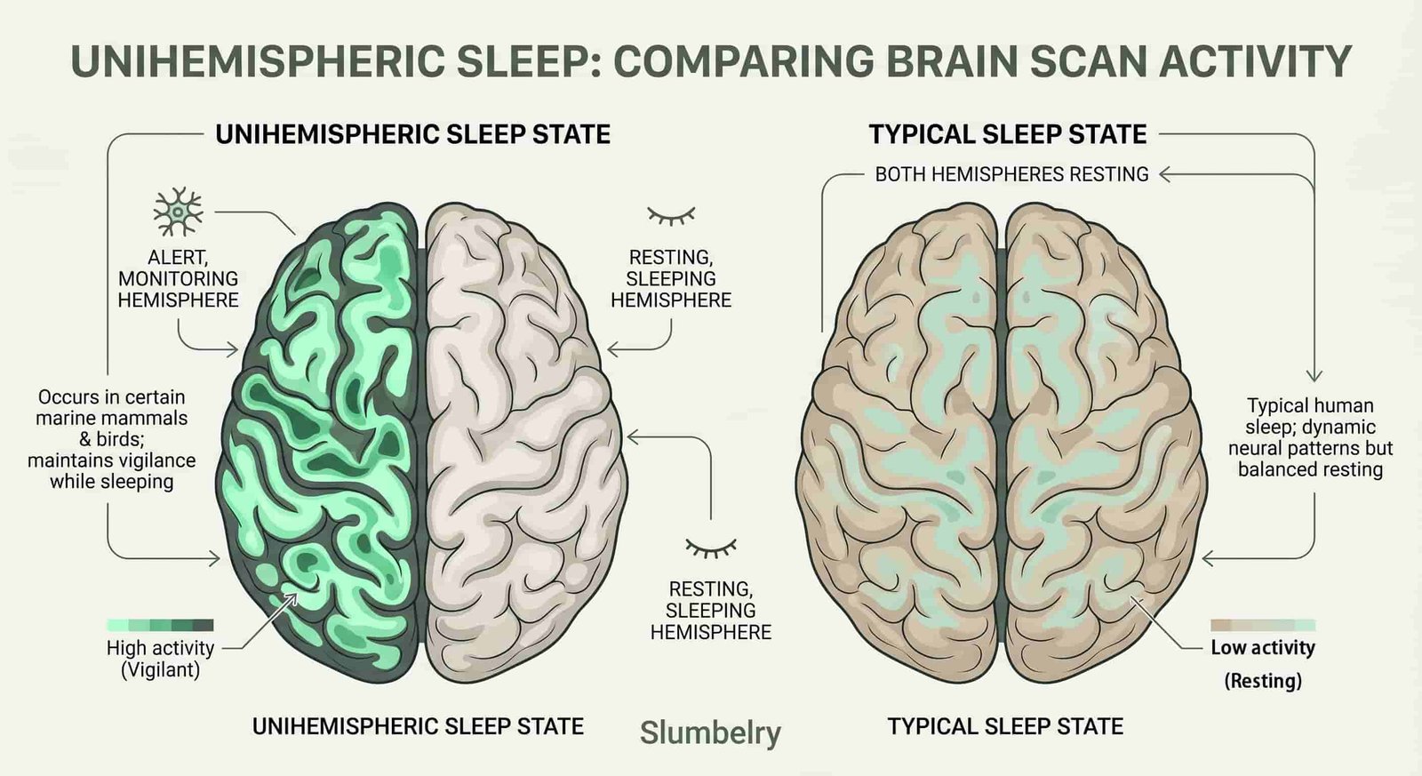 Brain scan showing unihemispheric sleep activation vs full sleep