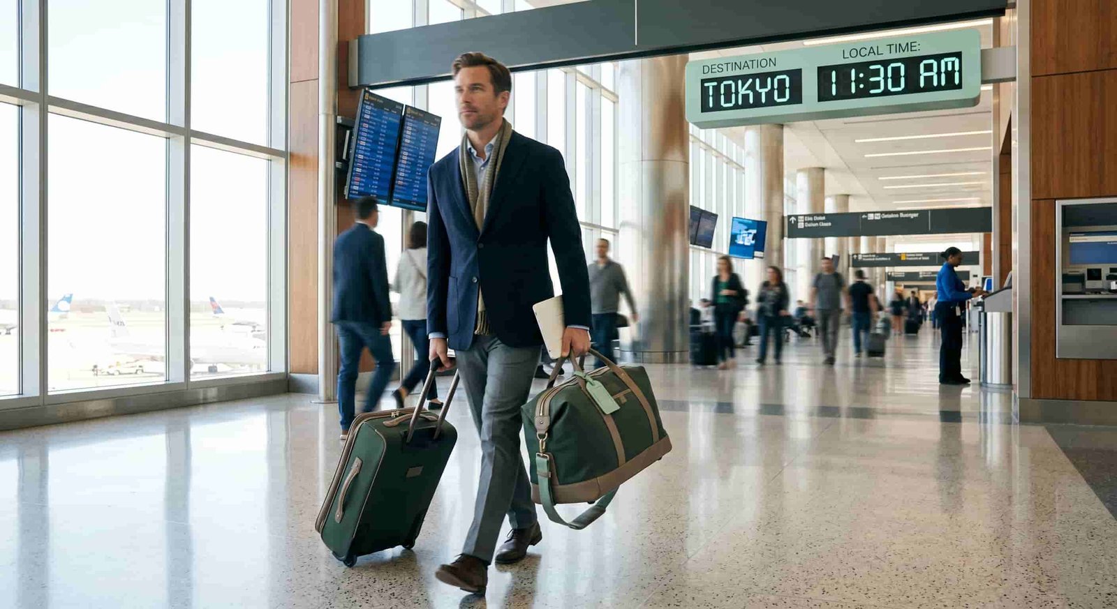 Business traveler walking briskly through airport terminal with clock showing destination local time, forward motion, bright terminal lighting, realistic travel photography