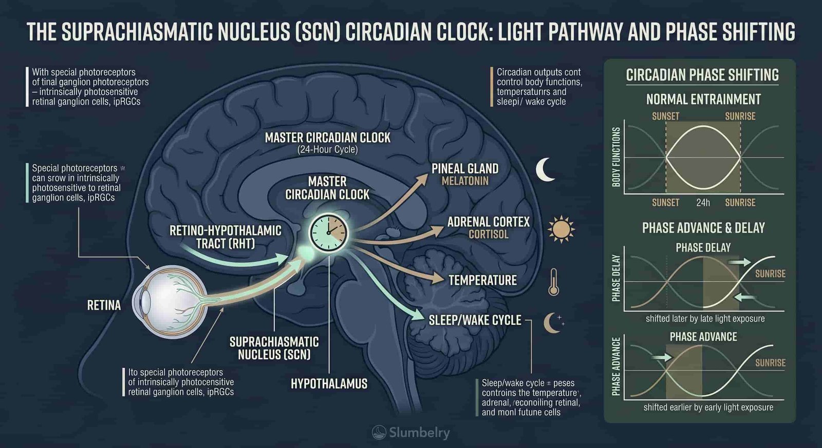 Scientific neuroscience diagram showing suprachiasmatic nucleus SCN circadian clock: light signal pathway from retina through retino-hypothalamic tract to SCN, circadian phase shifting, dark blue medical illustration