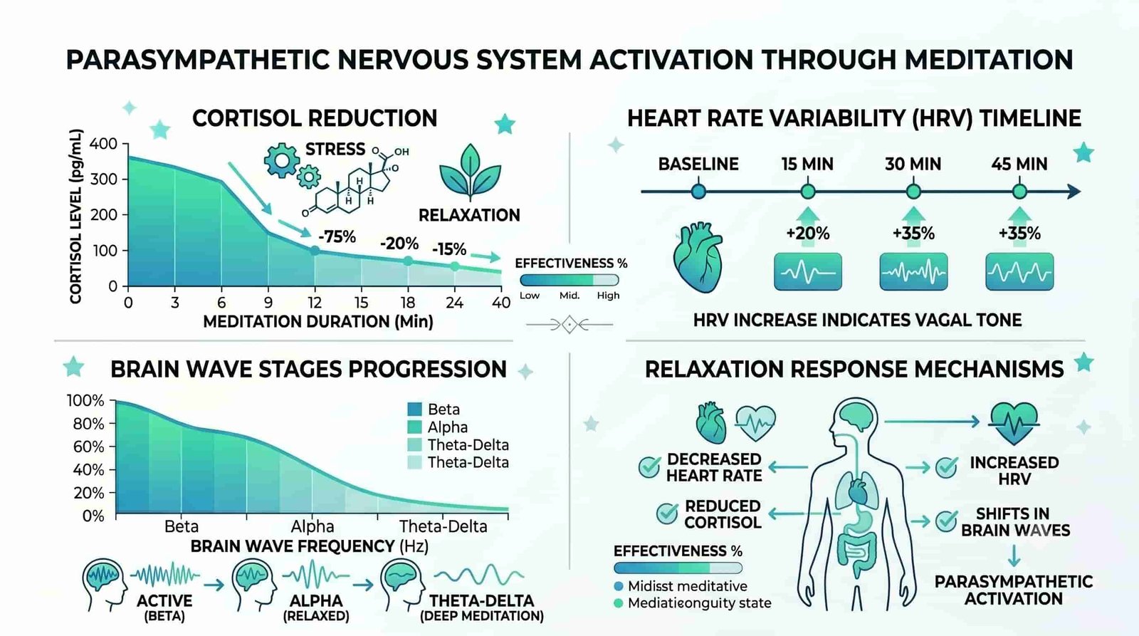 Meditation and Mindfulness for Sleep: Your Guide to Peaceful Nights 8 Parasympathetic nervous system activation through meditation: cortisol reduction timeline, heart rate variability HRV increase chart, brain wave stages from active beta to theta-delta sleep states, blue-green minimalist